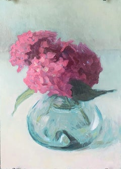 Peinture à l'huile « Pink Hydrangeas », vase rond en verre avec fleurs roses