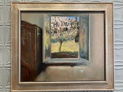 "Risveglio"  interno, finestra aperta, albero in fiore e farfalla in primavera