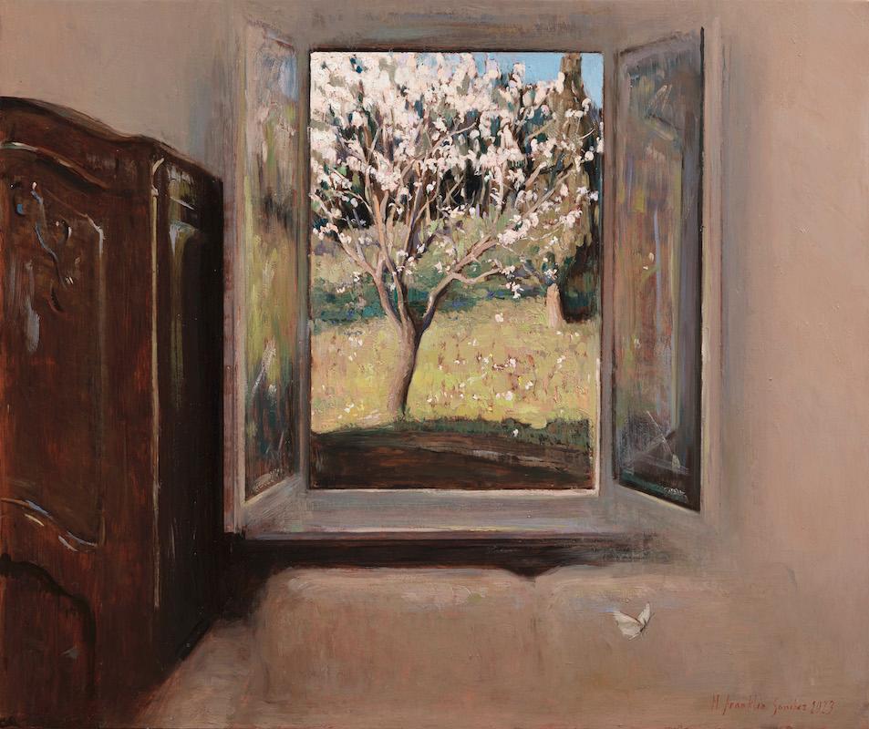 Melissa Franklin Sanchez Still-Life Painting - "Risveglio" an interior looking out at spring with a butterfly and tree blooming