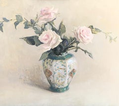 "Rosas" Bodegón de rosas rosadas en jarrón de porcelana pintada ornamentada - verde y rosa