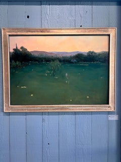 “Self Portrait in My Garden (Fireflies)“ oil painting, tuscan landscape sunset