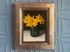“September Flowers” impressionist still life, yellow flowers in vase, framed
