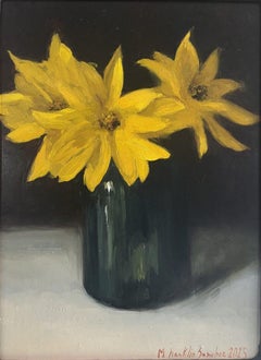 “September Flowers” impressionist still life, yellow flowers in vase, framed