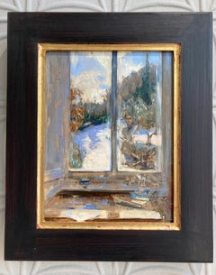 "Snow Fall from the Studio" oil painting of window view snow scene, reflection
