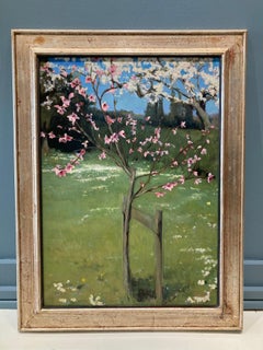 "Spring in the Garden"  realist painting of cherry blossom blooming