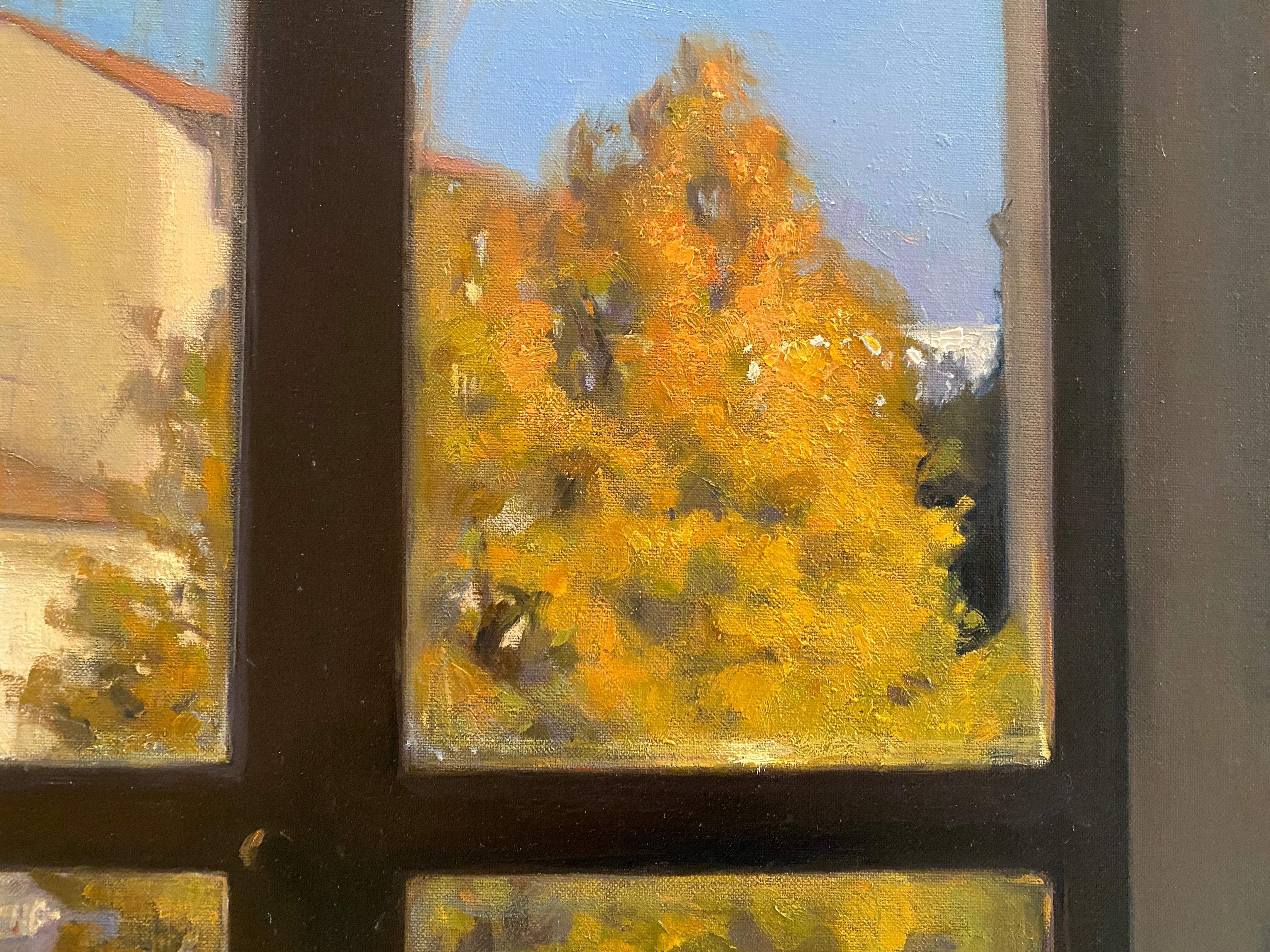 An oil on canvas painting of a landscape as seen through the window from the artist's studio. A leather couch reflects light from the window above. A bright blue sky invites us outdoors. 

Unframed dimensions: 39.5 x 29.5 inches


Melissa Franklin