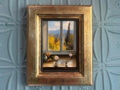 "Estudio en noviembre" pintura al óleo, ventana con vistas a un paisaje otoñal, jarrón con capullos