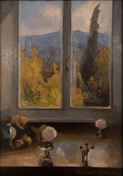 "Estudio en noviembre" pintura al óleo, ventana con vistas a un paisaje otoñal, jarrón con capullos