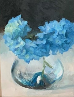 "Verano Azul" Bodegón de hortensias azules en un jarrón de cristal