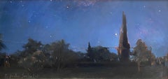 "Summer Nights" 2020 painting of starry night over trees in Italy. Oil on copper