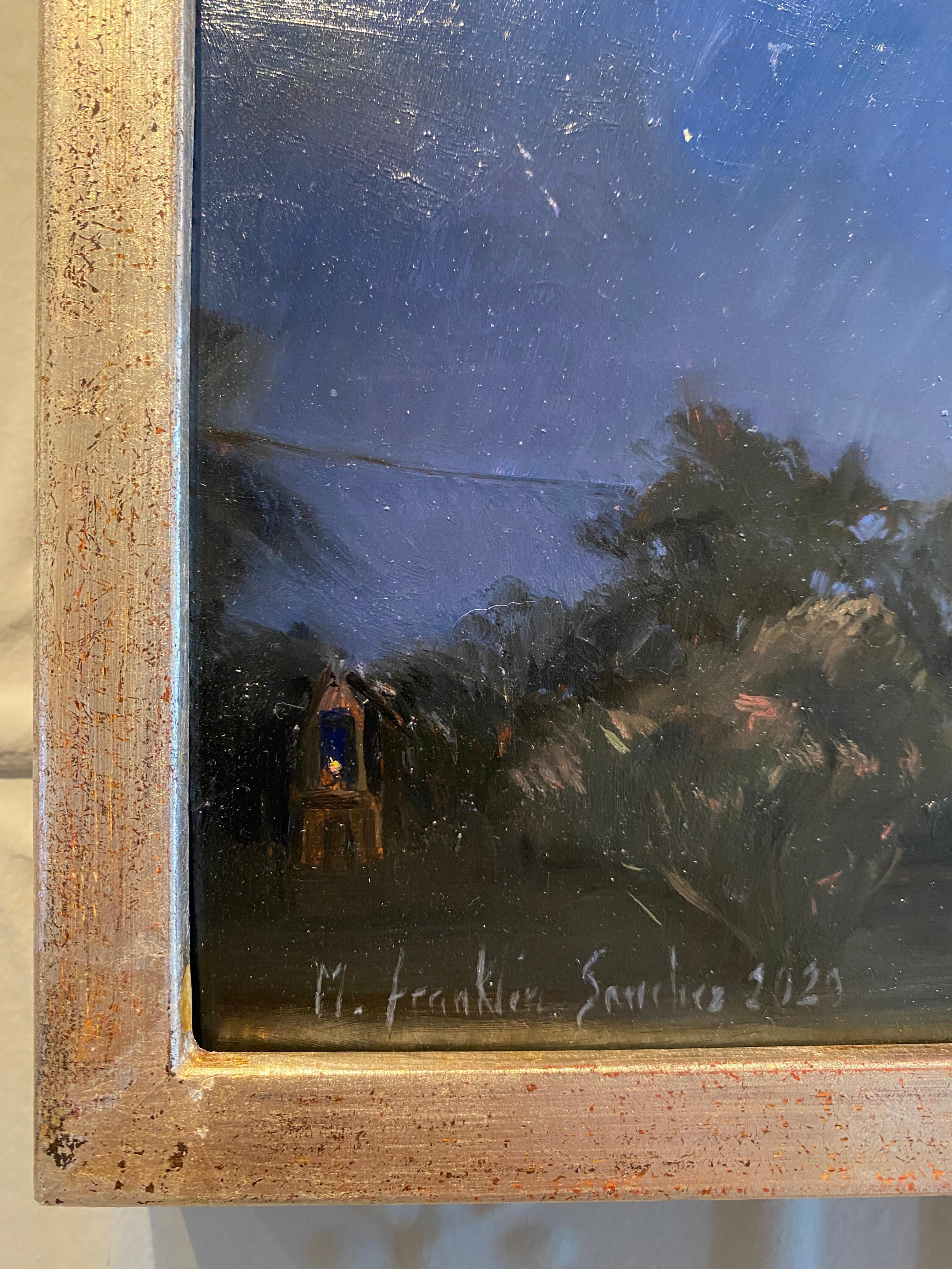 Summer Nights è un piccolo dipinto, olio su rame, che raffigura un cielo blu scuro su un paesaggio verde, a Fiesole, in Italia. Melissa Franklin Sanchez fonde dolcemente toni caldi e toni freddi in questo dipinto realista. Piccole macchie di bianco
