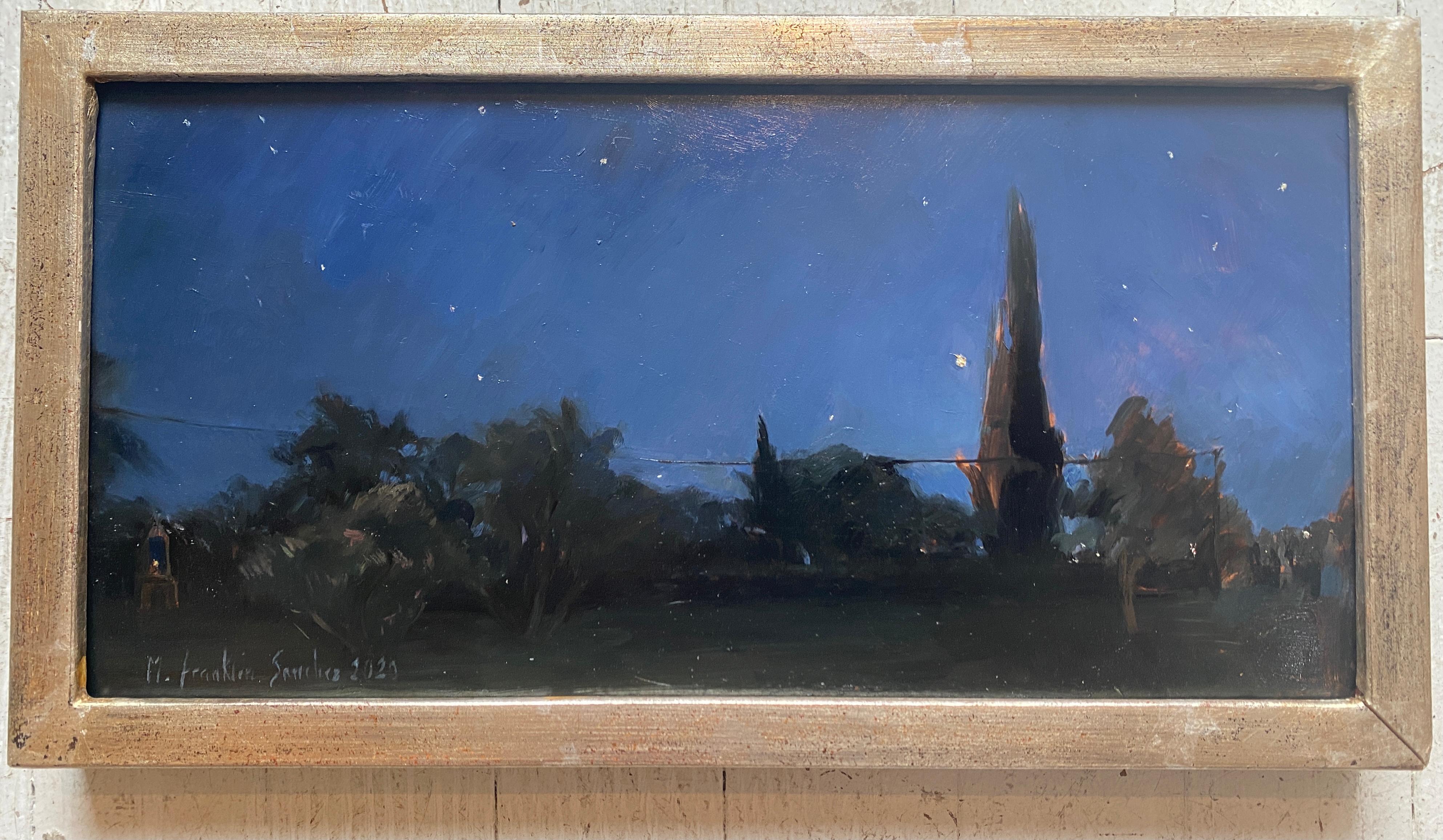"Summer Nights" 2020 painting of starry night over trees in Italy. Oil on copper