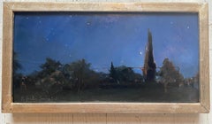 "Summer Nights" 2020 painting of starry night over trees in Italy. Oil on copper