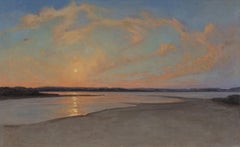 "Estate su Bridgehampton" - dipinto di paesaggio realista, sole che tramonta sulla spiaggia