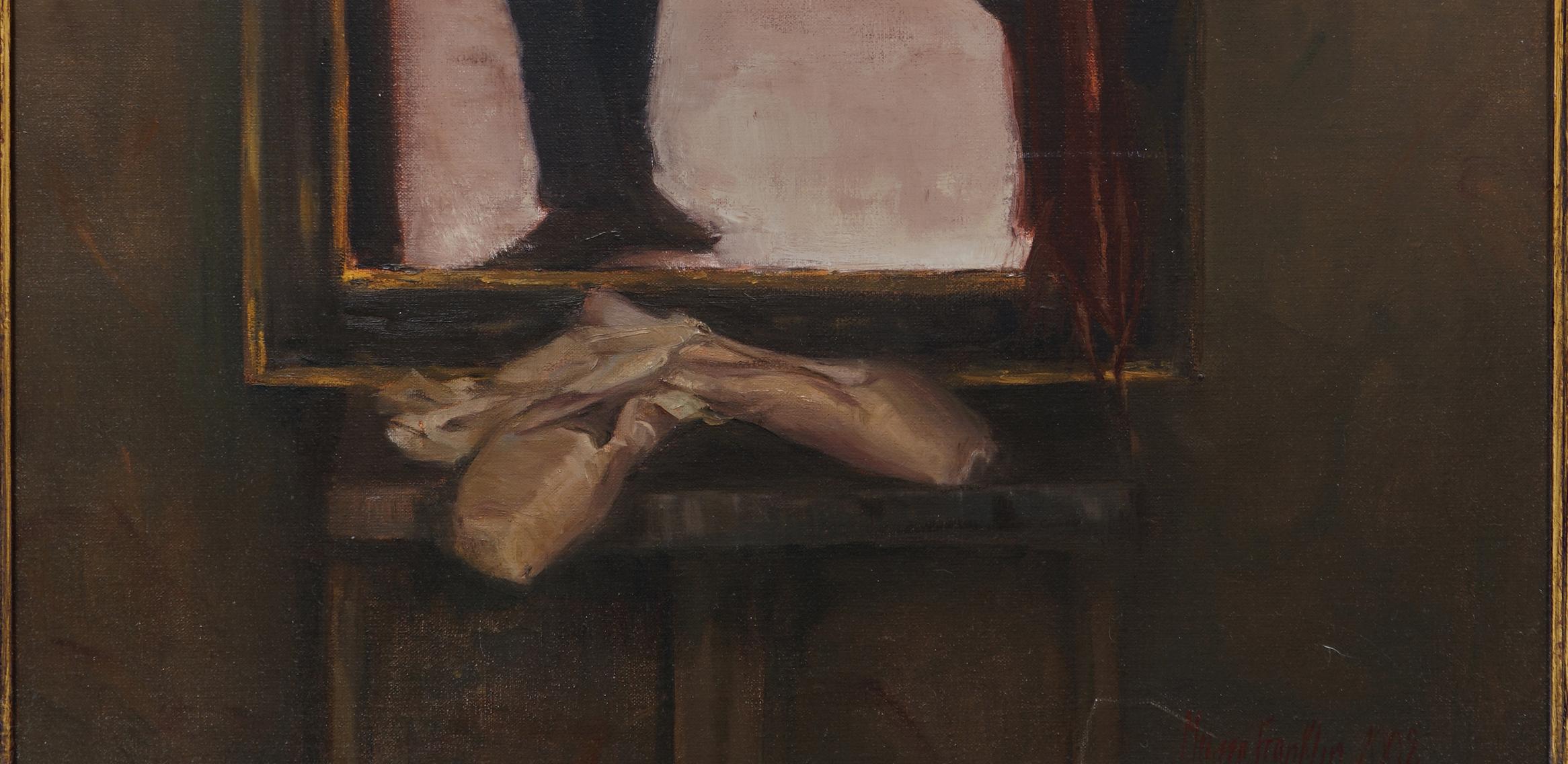 Durch den Blick  Glas von Melissa Franklin Sanchez ist ein Öl auf Leinwand Gemälde.   Wenn Sie sich Through the Looking Glass genau ansehen, werden Sie ein anderes Bild in diesem Gemälde entdecken. Eine Balletttänzerin wird gemalt und ihre Schuhe