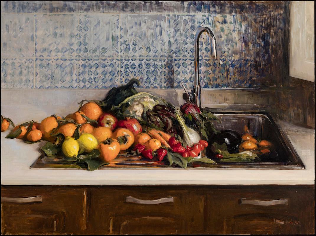 Melissa Franklin Sanchez Interior Painting - "When Life Gives you Lemons, Paint Them" Oil painting of produce soaking in sink