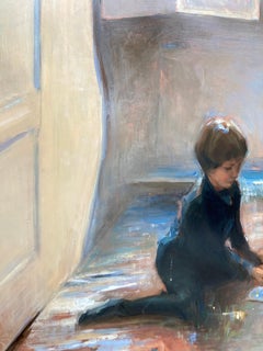 Peinture à l'huile « Where Worlds Meet » sur cuivre, enfants jouent au sol, imagination