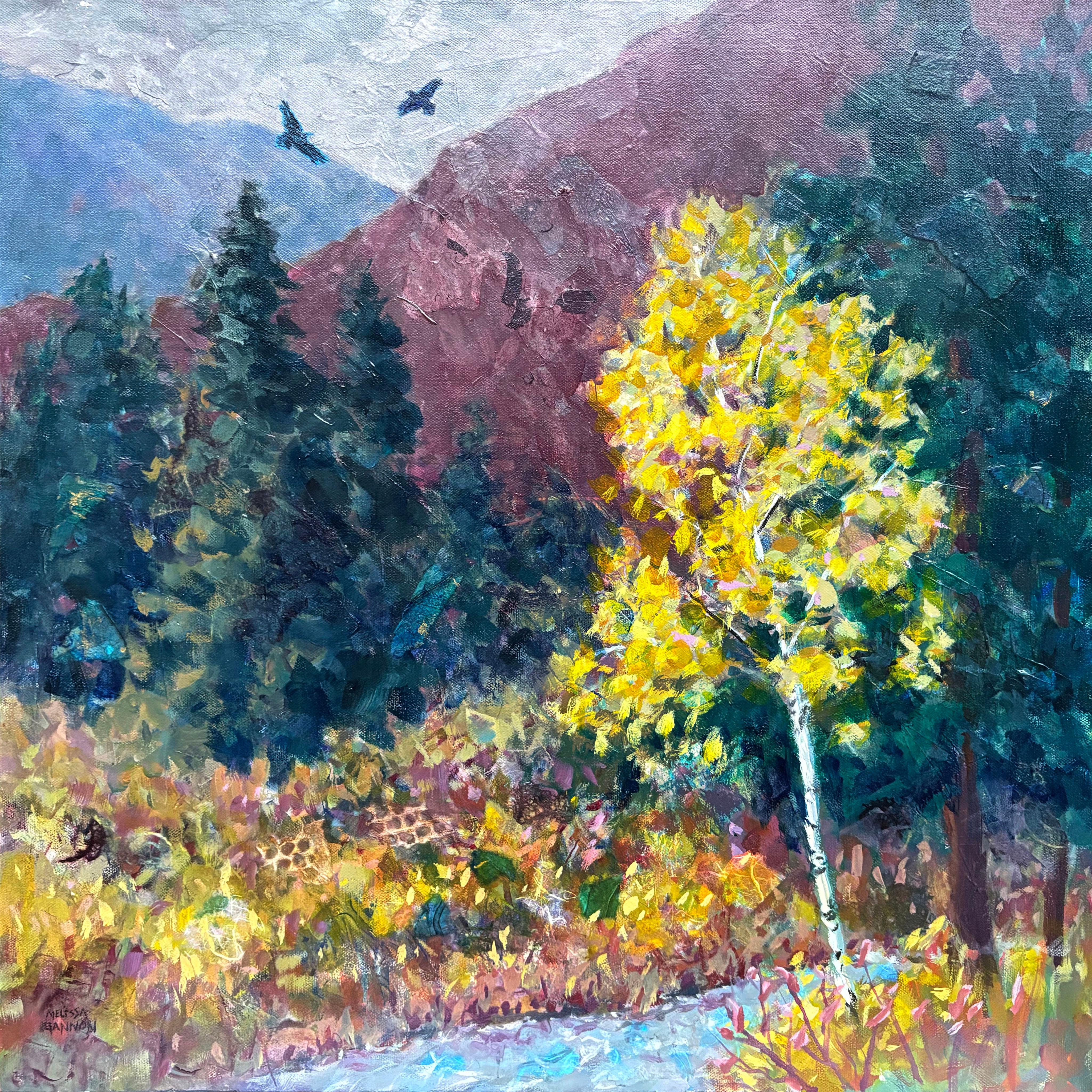 High in the Mountains the Ravens Play, Original Painting - Mixed Media Art by Melissa Gannon