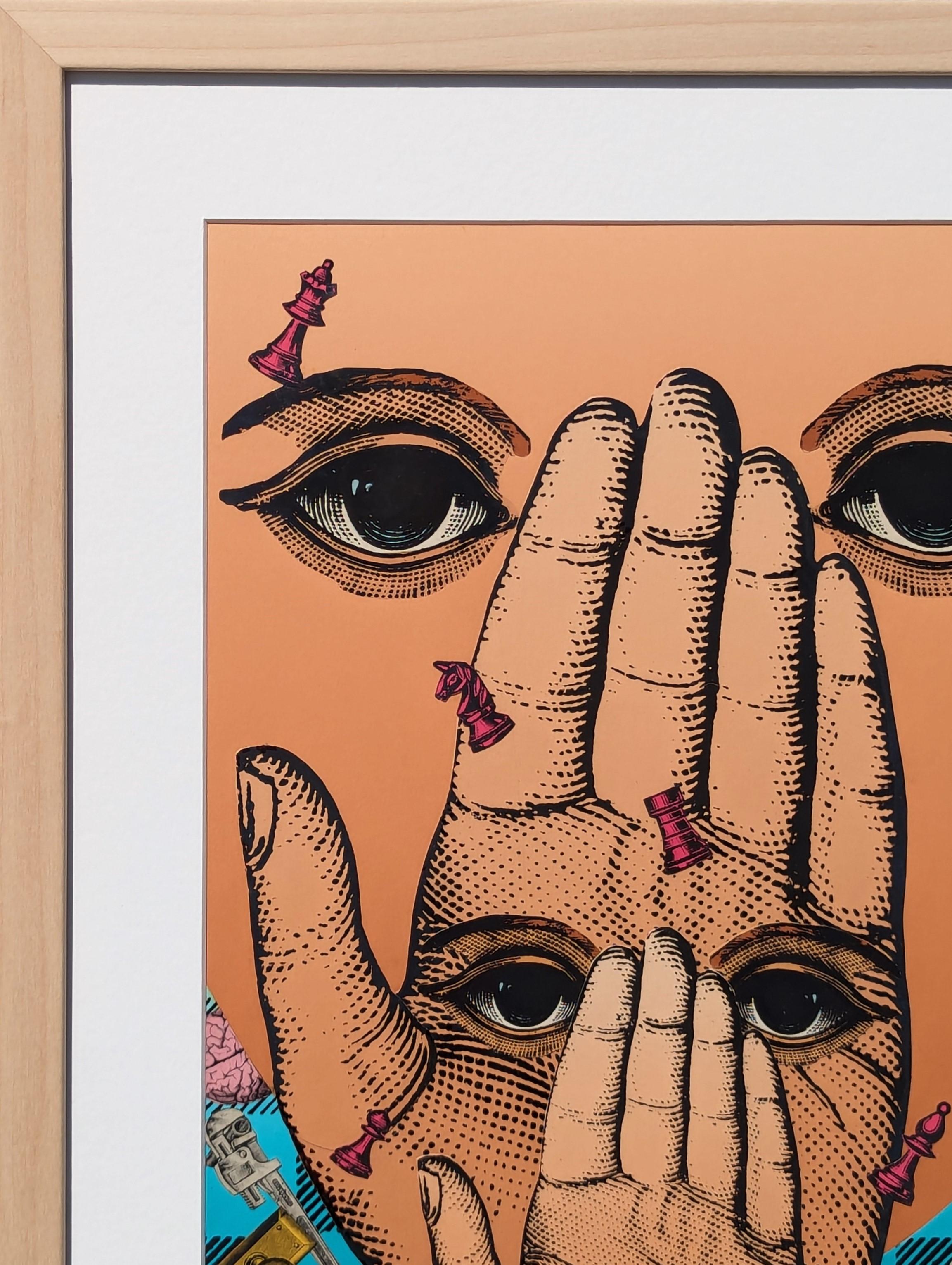 Collage surrealista contemporáneo de técnica mixta de la artista tejana Melissa Grimes. La obra presenta manos superpuestas para crear múltiples rostros con piezas de ajedrez y otra parafernalia flotando en el fondo. Actualmente está colgado en un