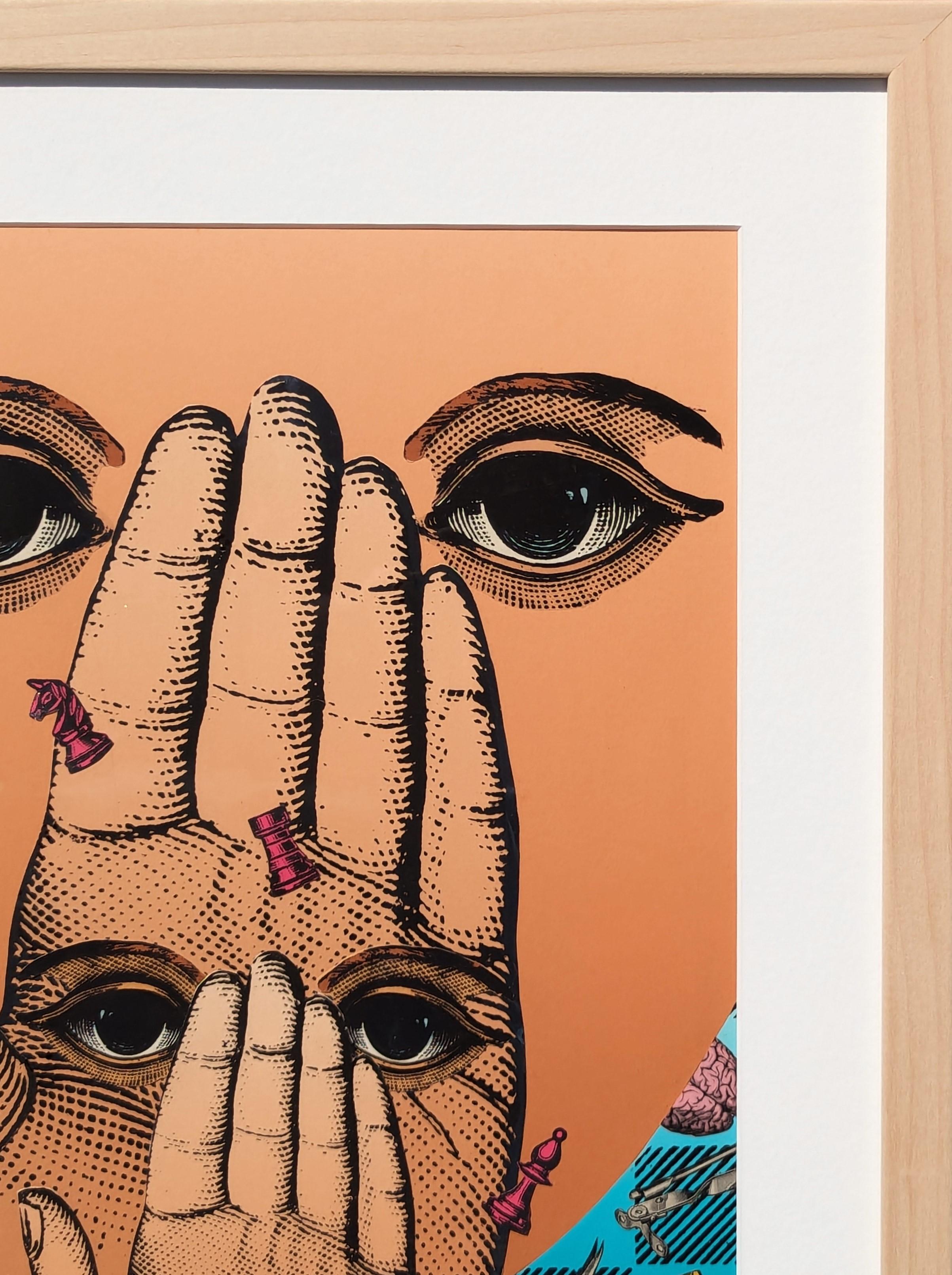 Collage surrealista contemporáneo en técnica mixta de manos, ojos y piezas de ajedrez en venta 1