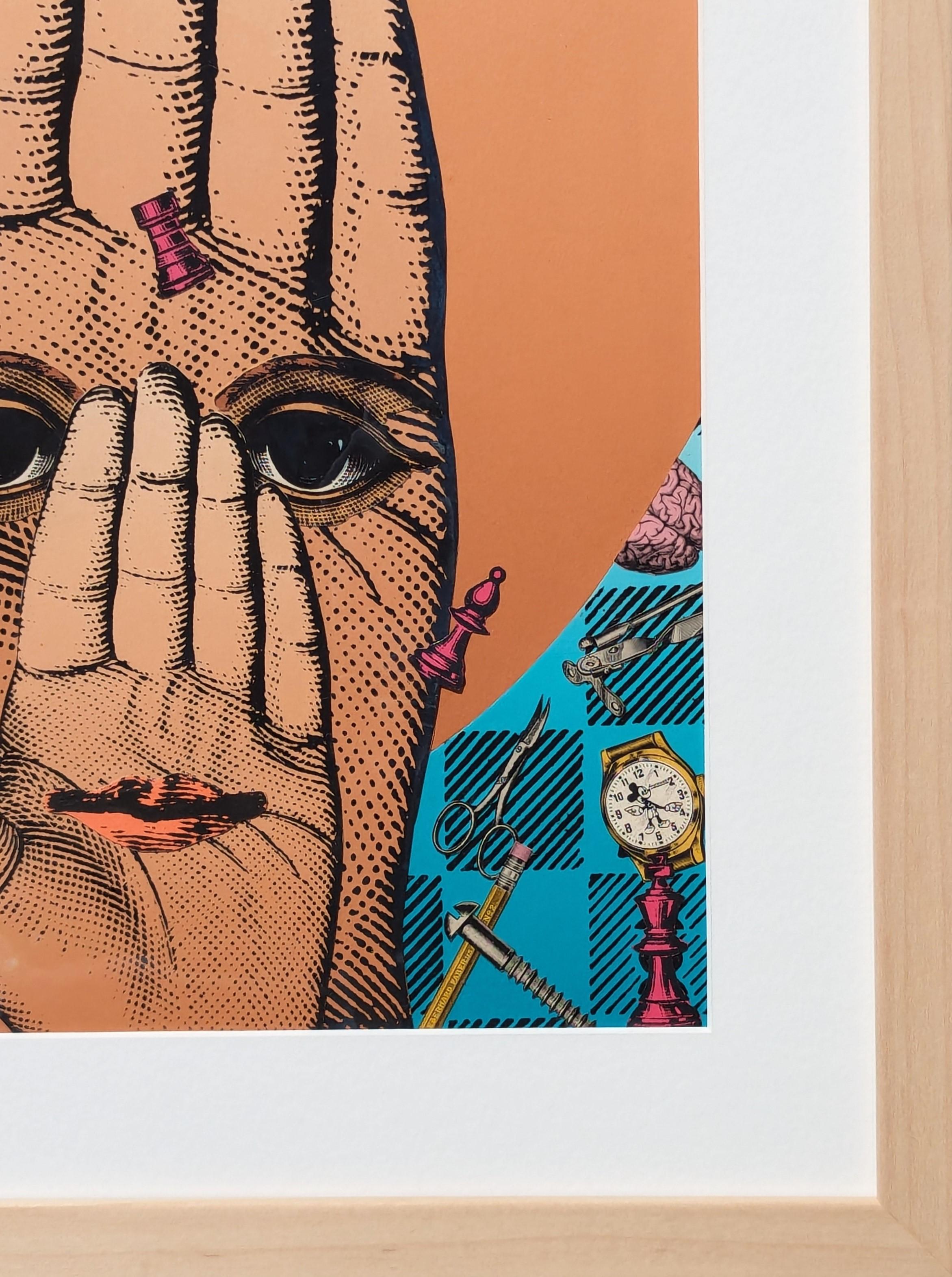Collage surrealista contemporáneo en técnica mixta de manos, ojos y piezas de ajedrez en venta 2
