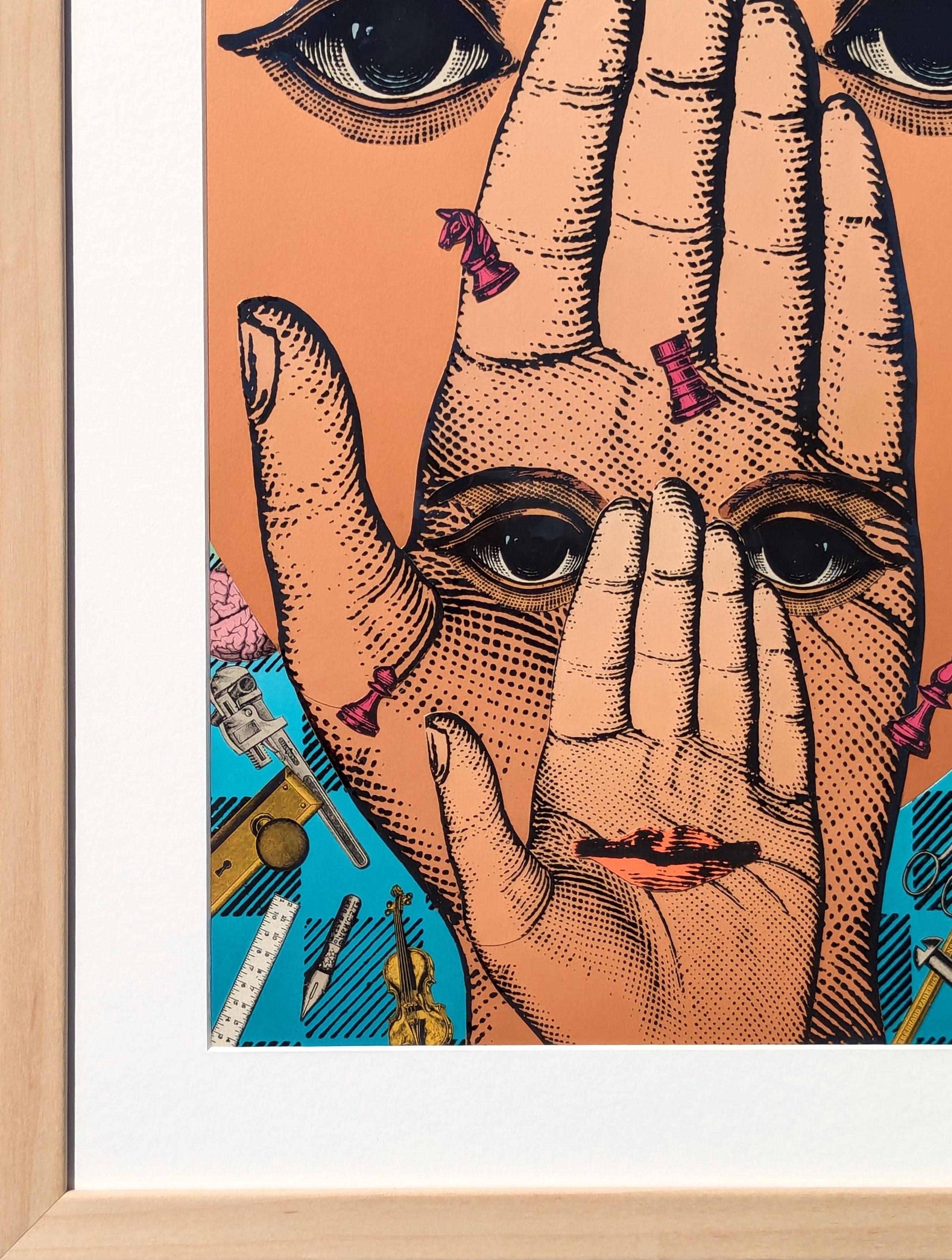 Collage surrealista contemporáneo en técnica mixta de manos, ojos y piezas de ajedrez en venta 3
