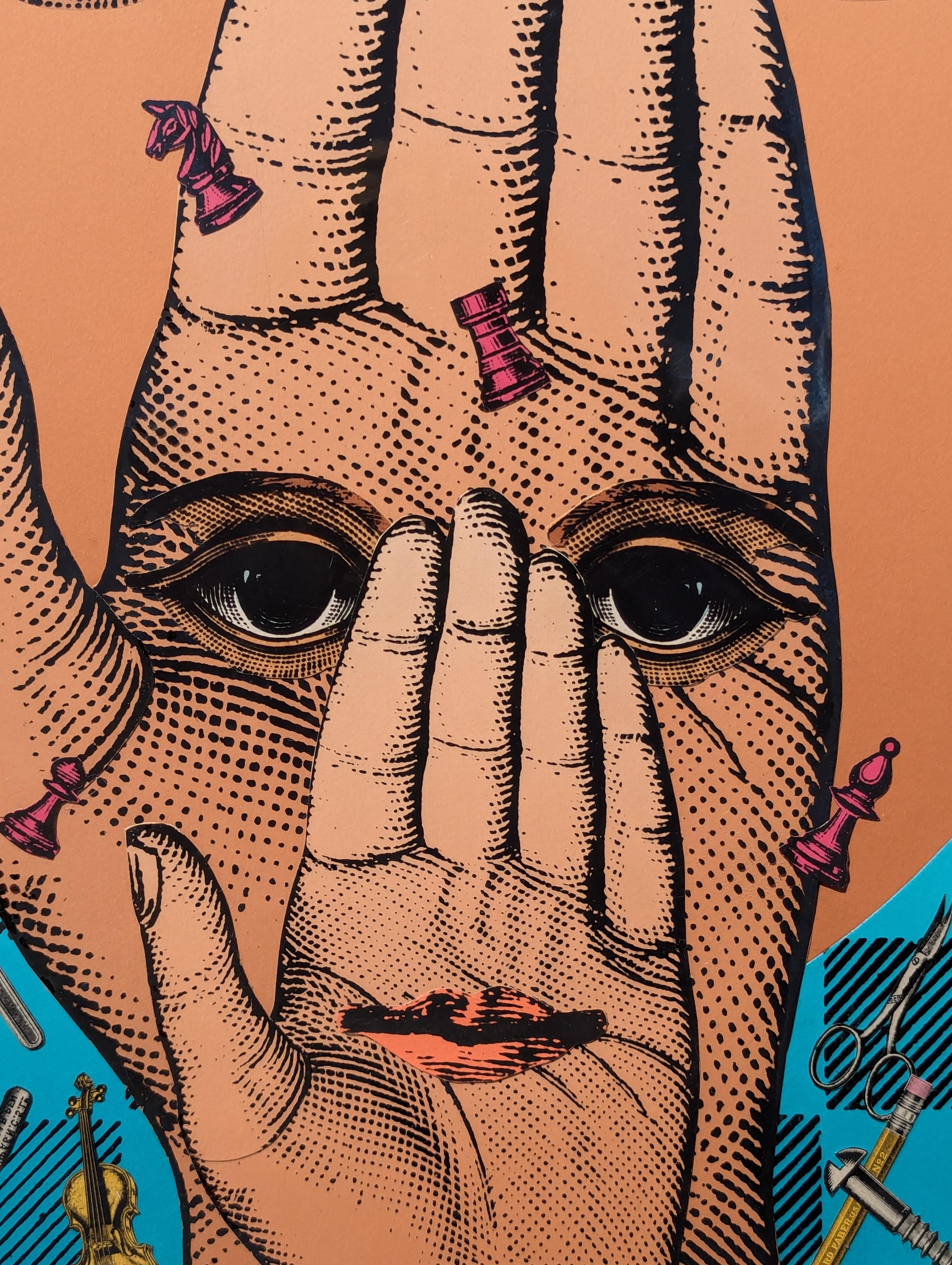 Collage surrealista contemporáneo en técnica mixta de manos, ojos y piezas de ajedrez en venta 4