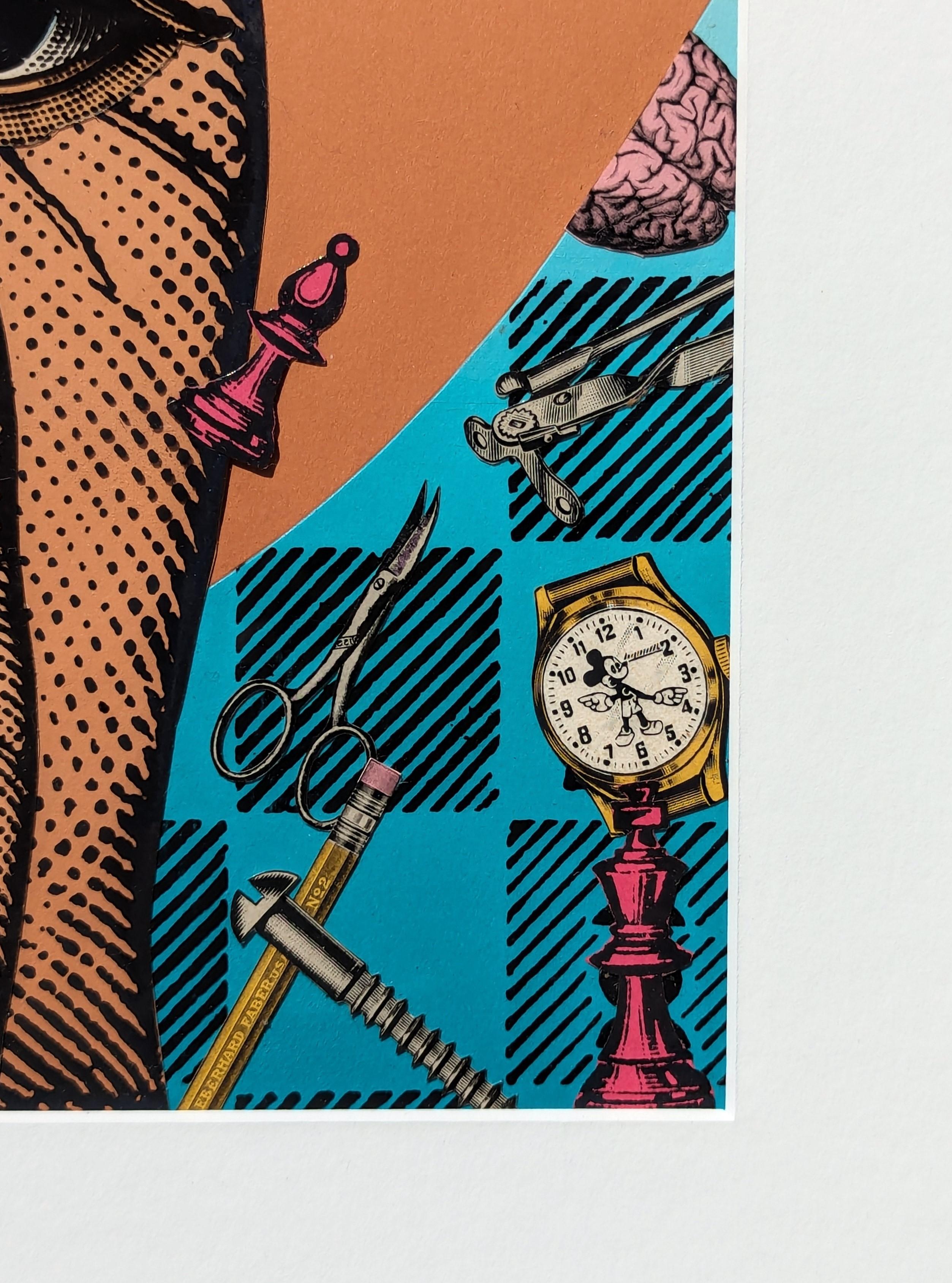 Collage surrealista contemporáneo en técnica mixta de manos, ojos y piezas de ajedrez en venta 5