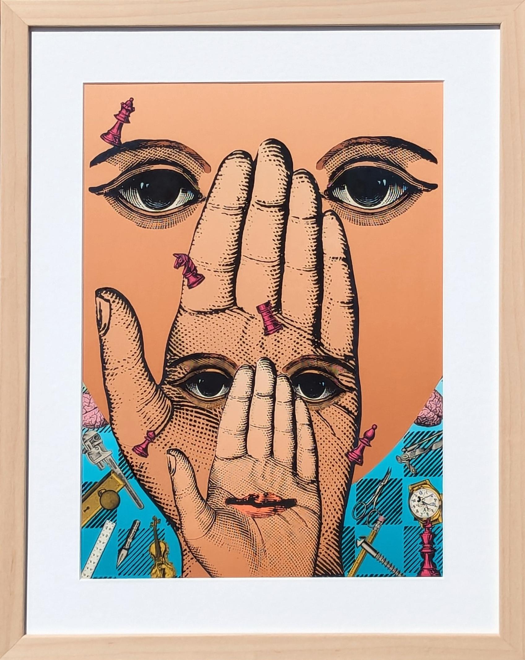 Collage surrealista contemporáneo en técnica mixta de manos, ojos y piezas de ajedrez - Mixed Media Art de Melissa Grimes