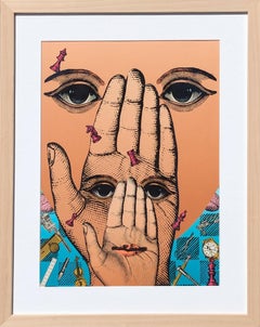 Collage surrealista contemporáneo en técnica mixta de manos, ojos y piezas de ajedrez