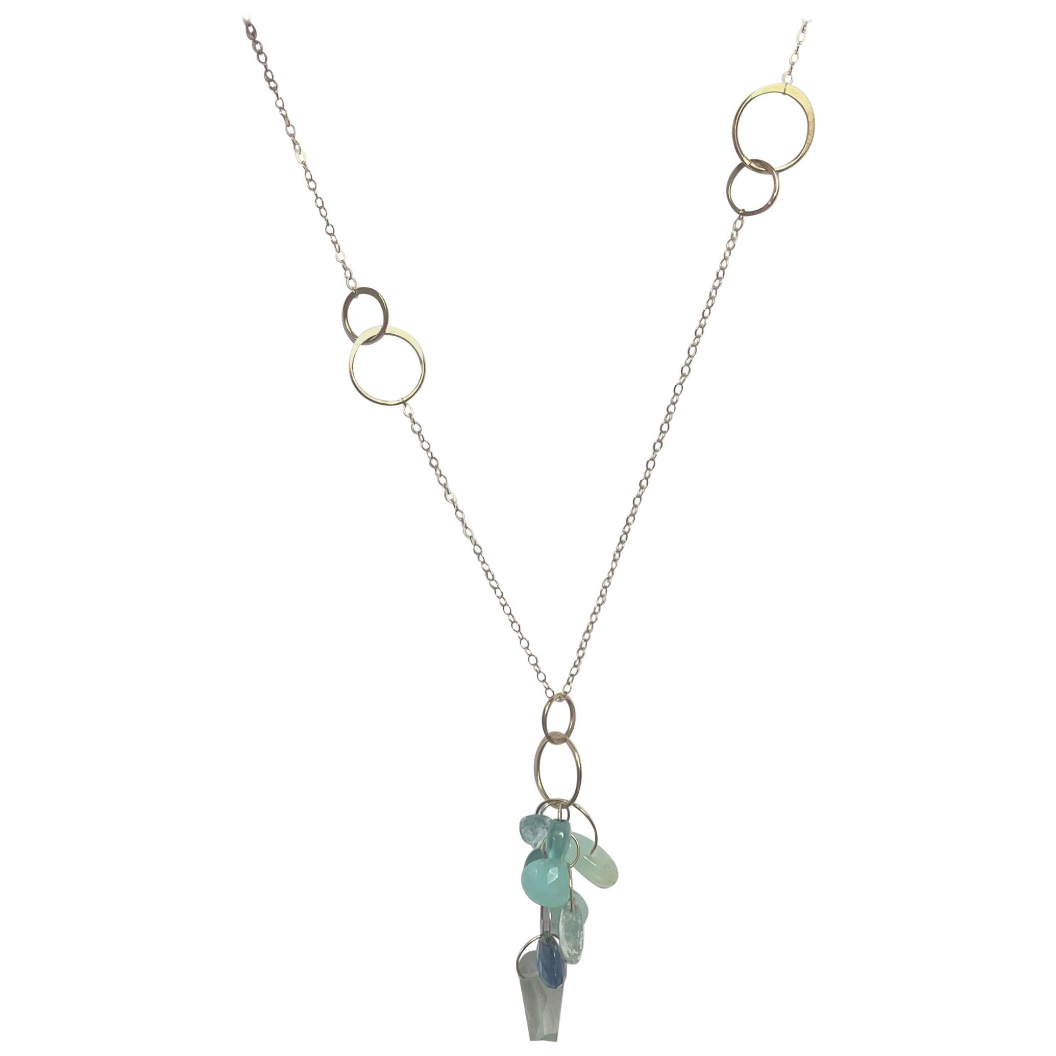 Melissa Joy Manning 14K Yellow Gold Chainlink Lariat w/ Blue Topaz, Aquamarine