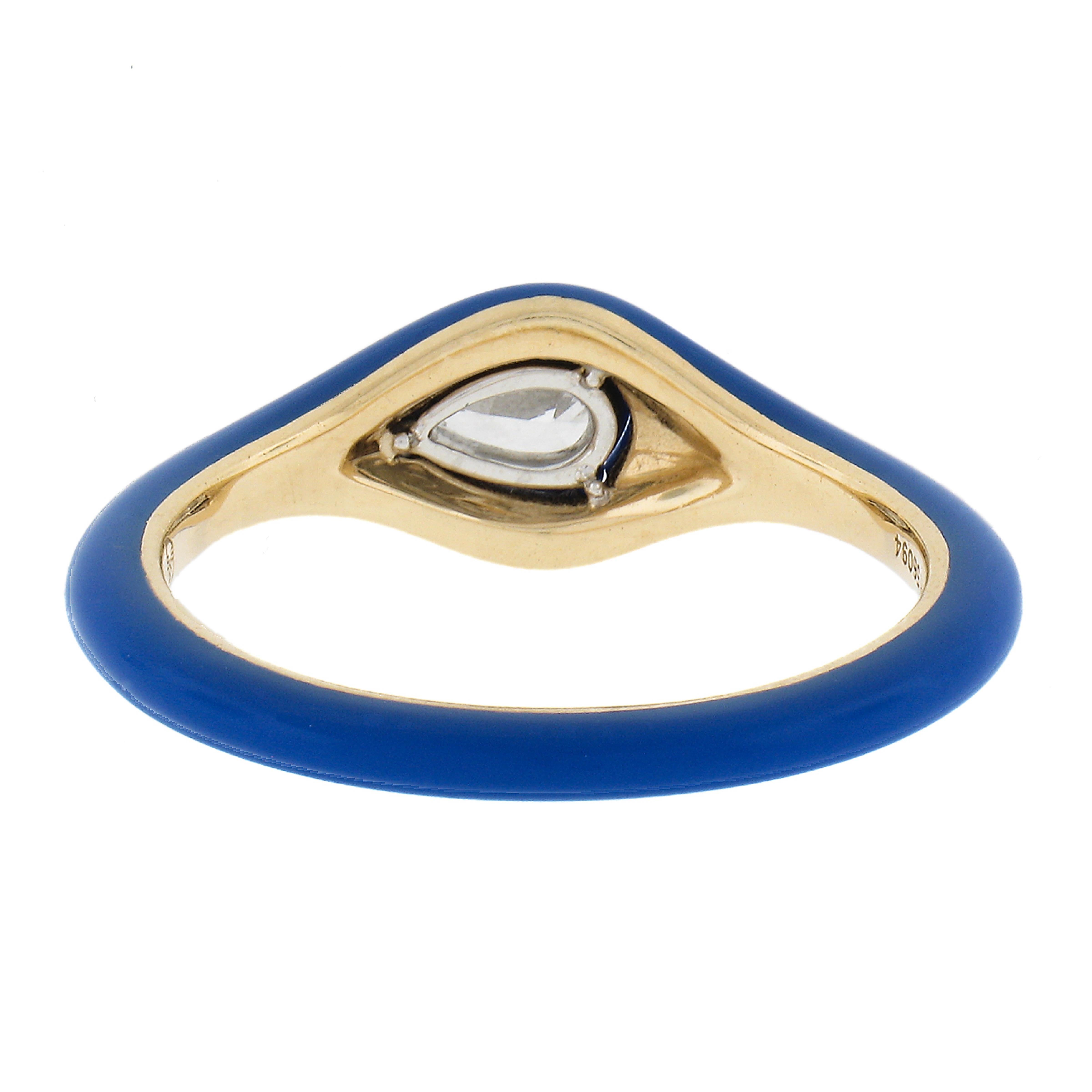 Melissa Kaye 18k Gold 0.43ct Pear Cut Diamond & Blue Enamel Stack Band Ring For Sale 3