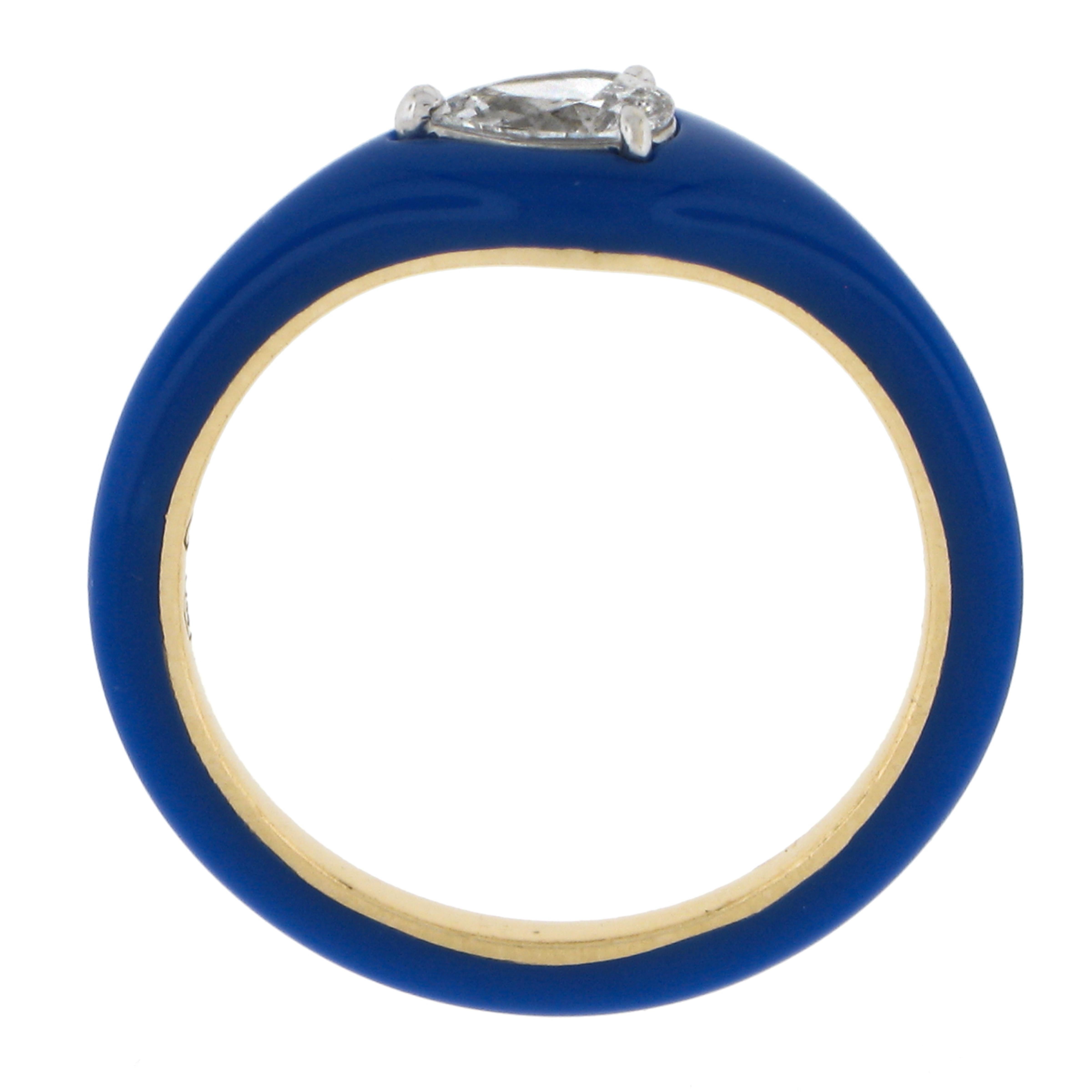 Melissa Kaye 18k Gold 0.43ct Pear Cut Diamond & Blue Enamel Stack Band Ring For Sale 4