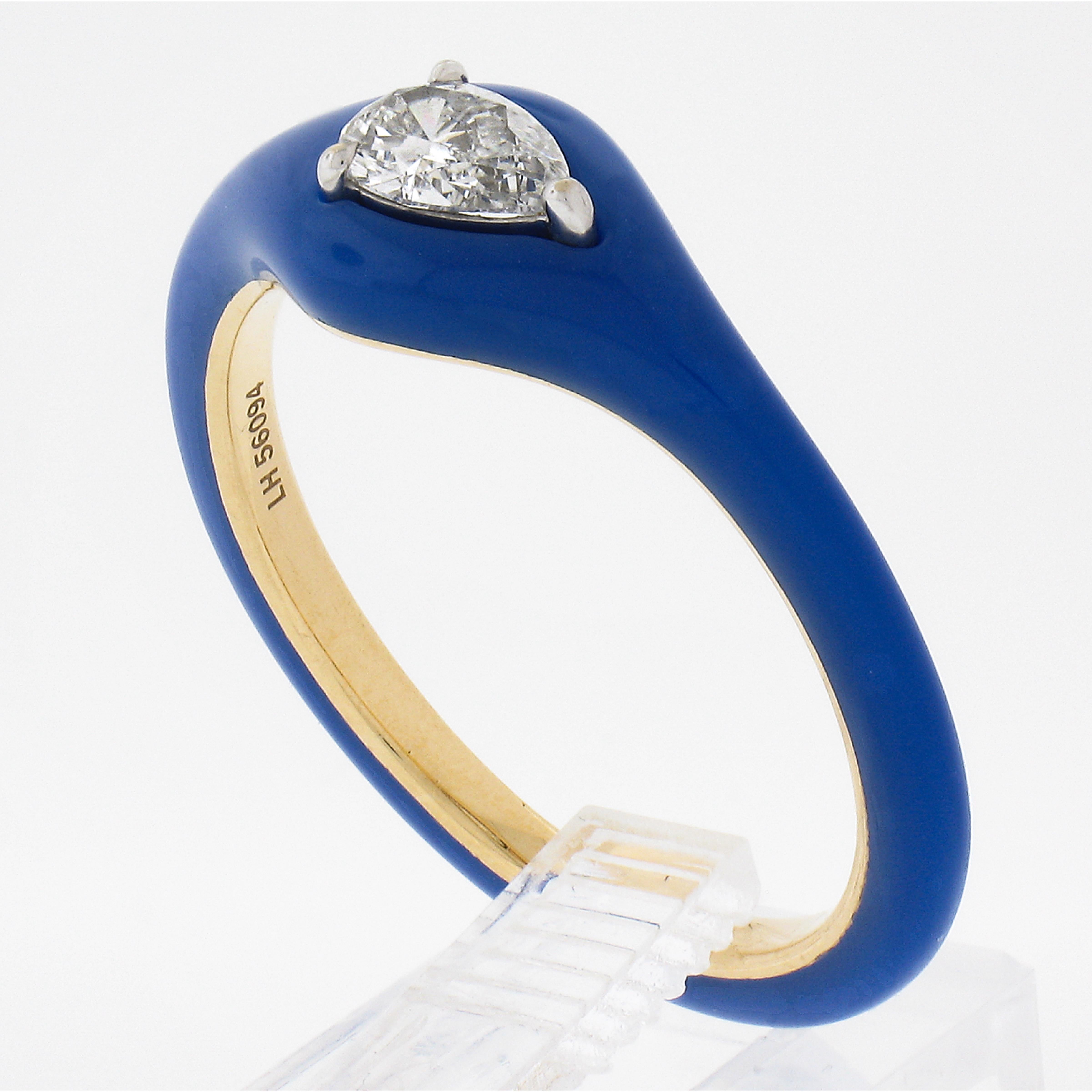 Melissa Kaye 18k Gold 0.43ct Pear Cut Diamond & Blue Enamel Stack Band Ring For Sale 5