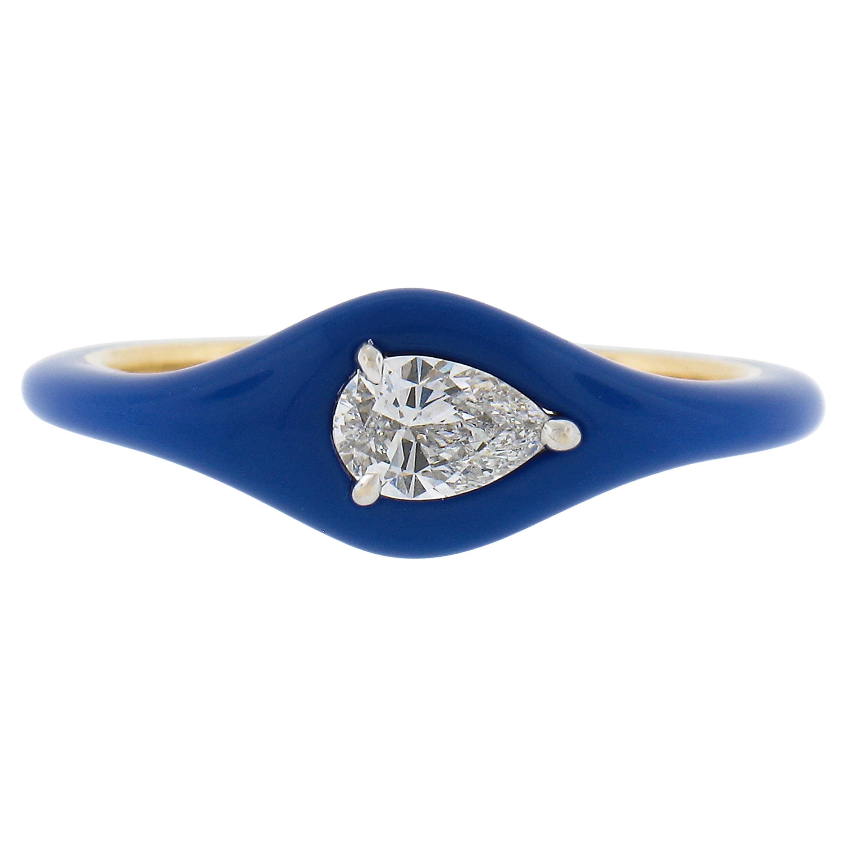 Melissa Kaye 18k Gold 0.43ct Pear Cut Diamond & Blue Enamel Stack Band Ring For Sale