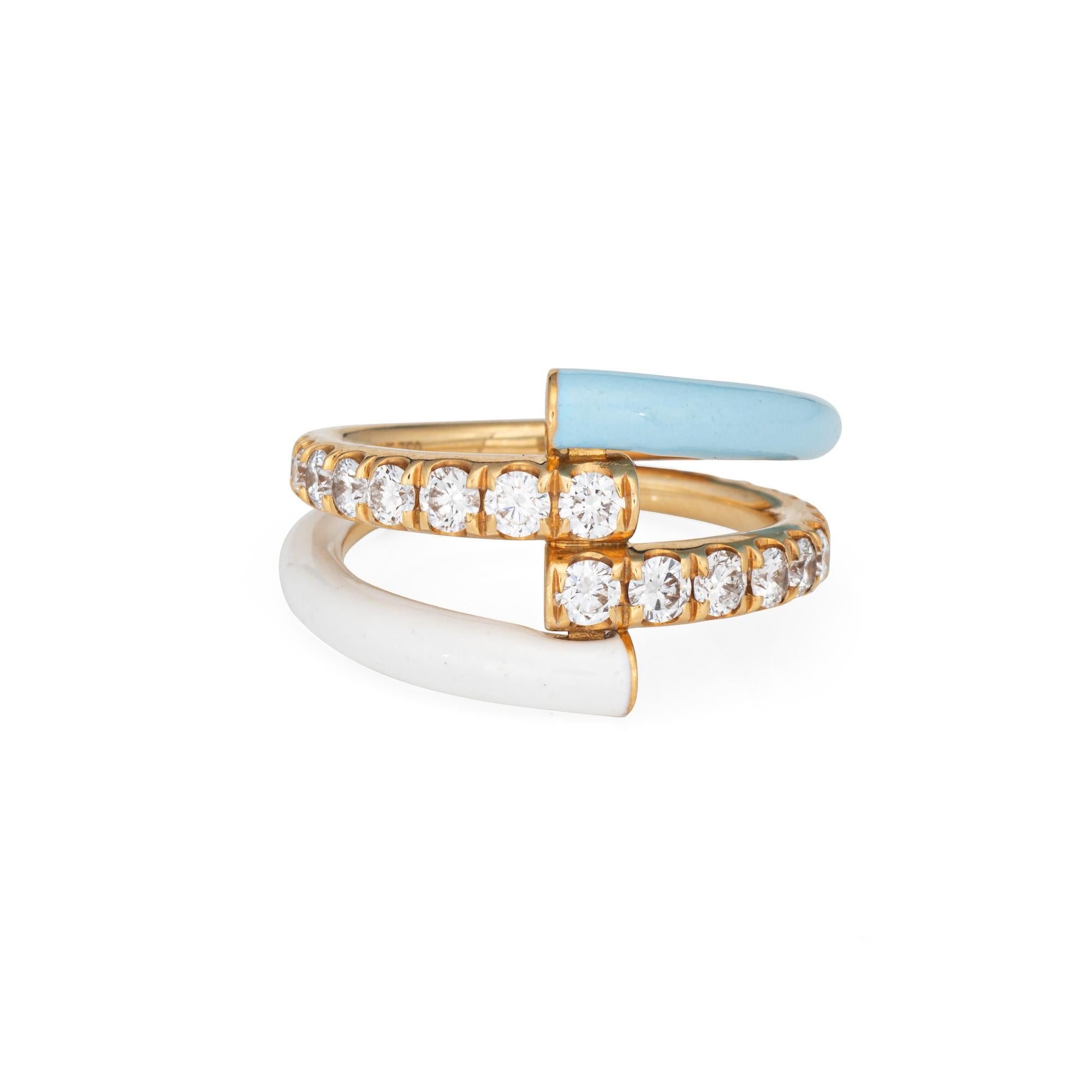 Stylish Melissa Kaye diamond & enamel ring crafted in 18 karat yellow gold. 

Diamonds total an estimated 1 carat (estimated at H-I color and VS2-SI2 clarity).  

Playful as it is chic, the beautiful diamond set band is framed with white and