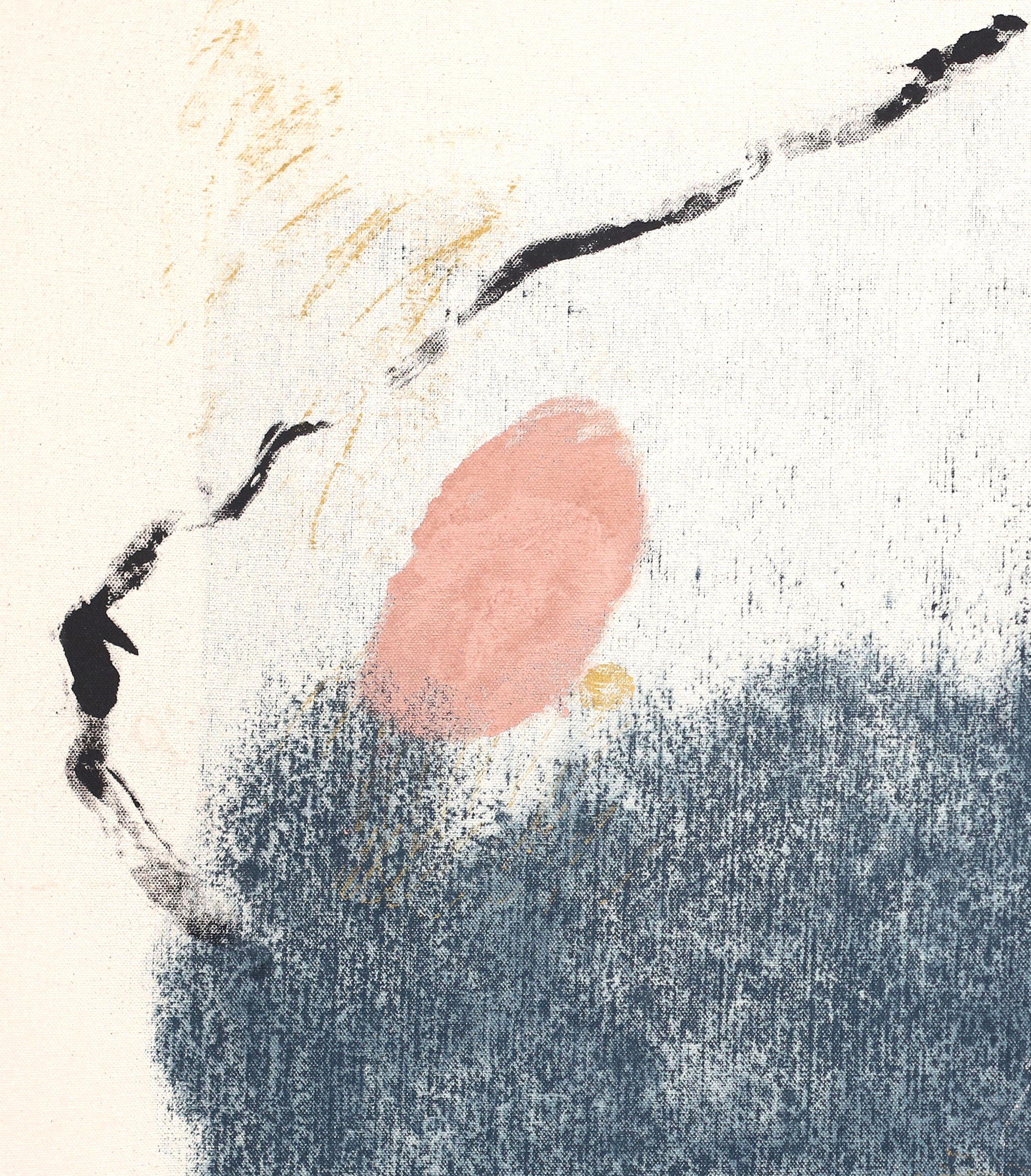 Mid century modern inspired abstract work on raw canvas.    