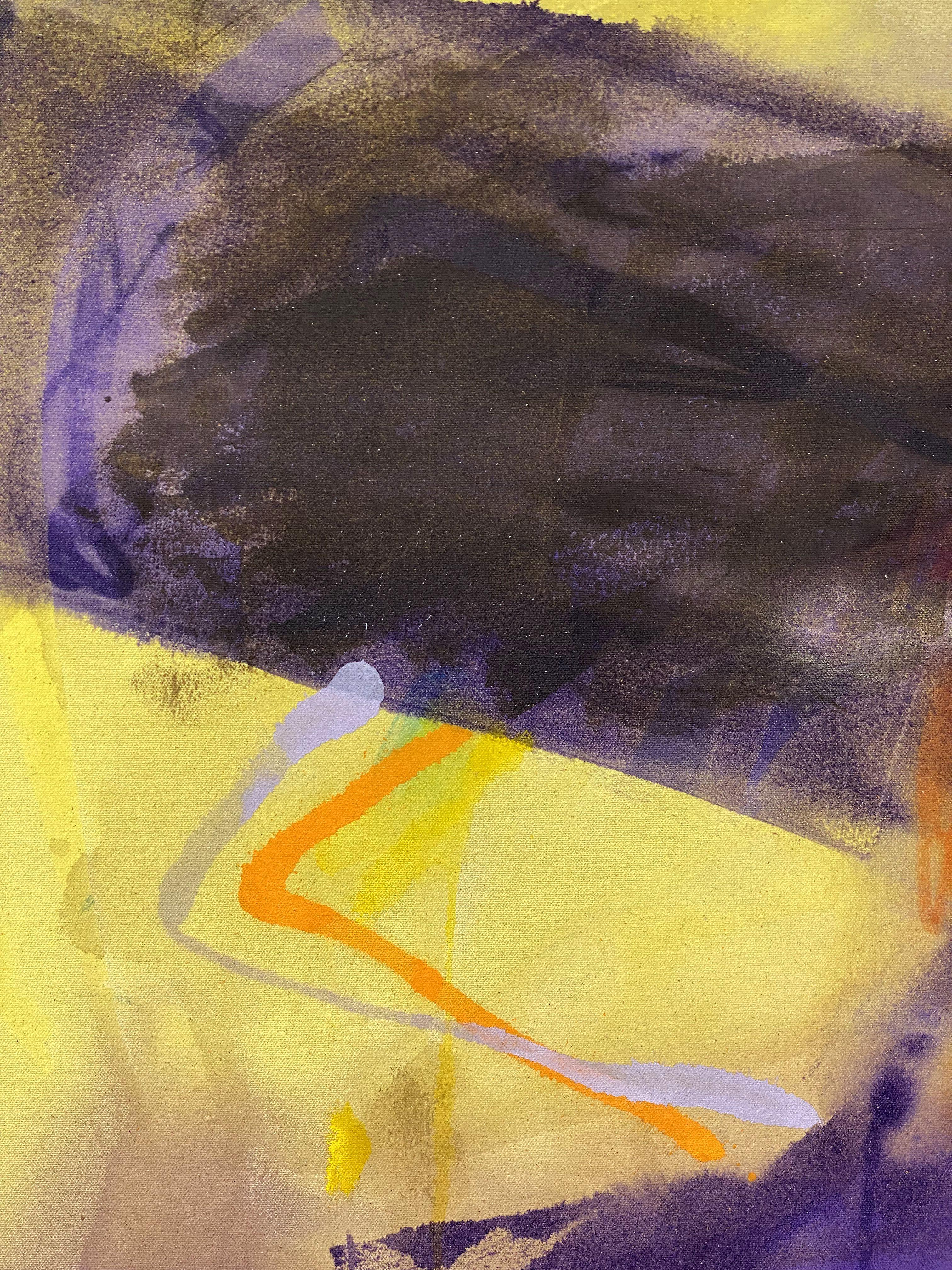 Bold, bright purple stroke on a yellow was background with spray paint and ink.     