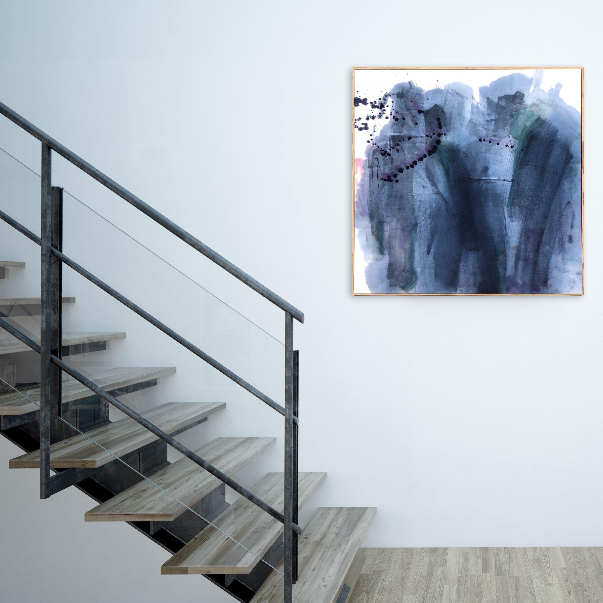 Painting: Ink on Canvas.    Watery blue stain painting on crisp white fabric in a natural wood strip frame.    â€œWhen you sit in silence long enough, you learn that silence has a motion. It glides over you without shape or form, exactly like water.