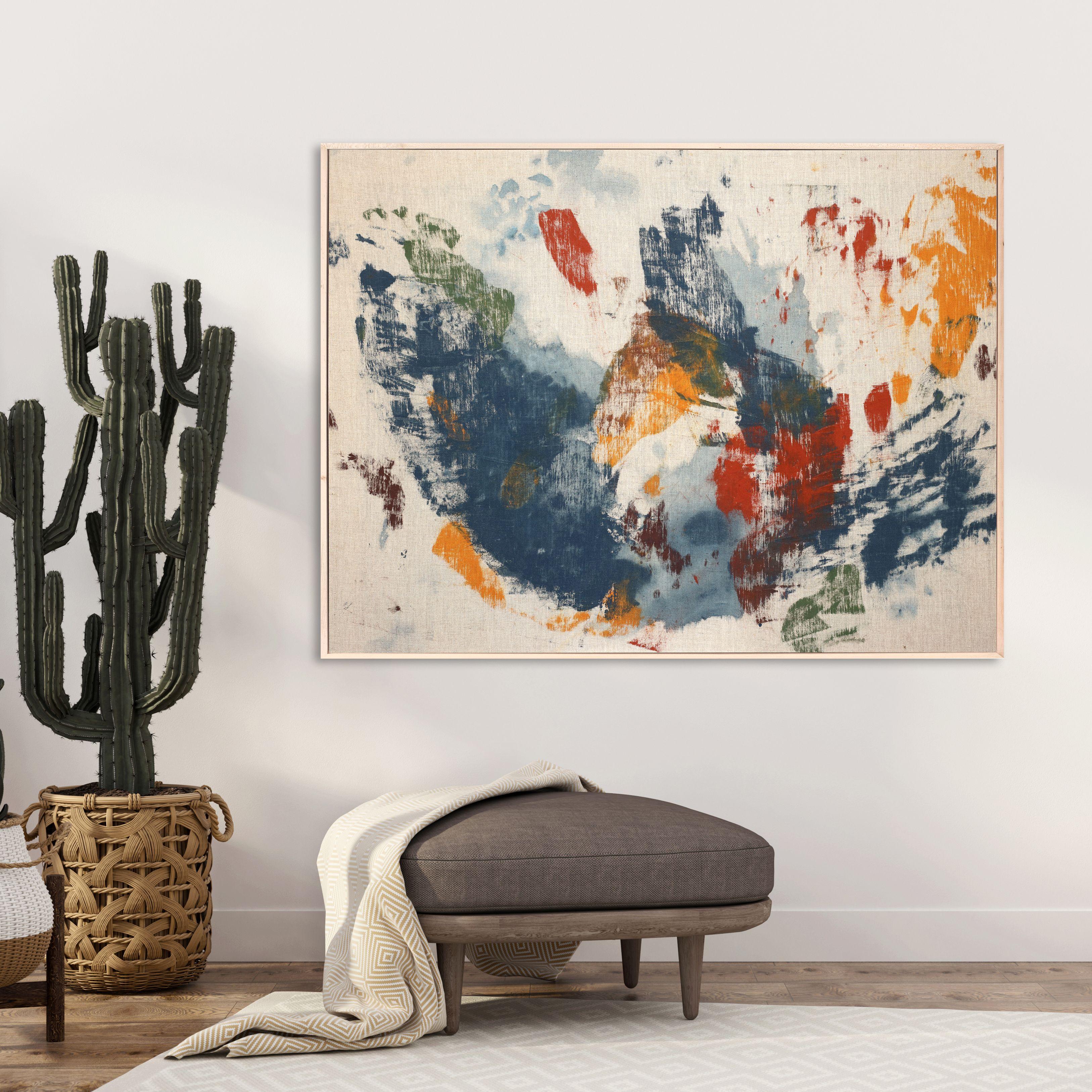 Quadro astratto di ispirazione moderna di metà secolo su lino grezzo in una cornice a listelli di legno naturale.    