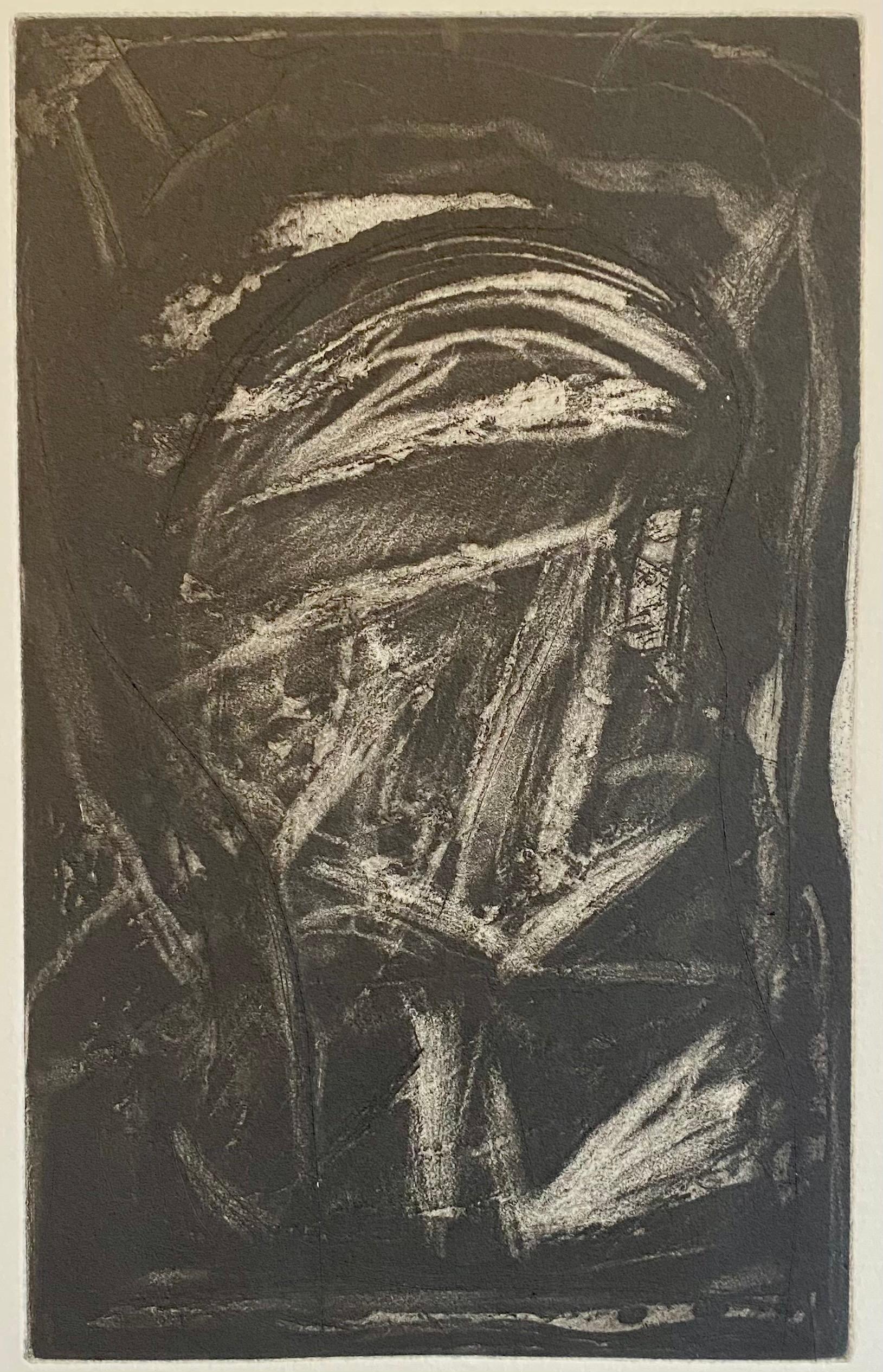 Melissa Meyer (americana, nata nel 1946) 
1984-1987, incisione all'acquatinta in nero su carta vergata, stampa firmata a mano, datata e numerata da una piccola edizione di 10 esemplari. 
Senza cornice. Dimensioni: 9,75'' x 6'', 25 x 15 cm (lastra);