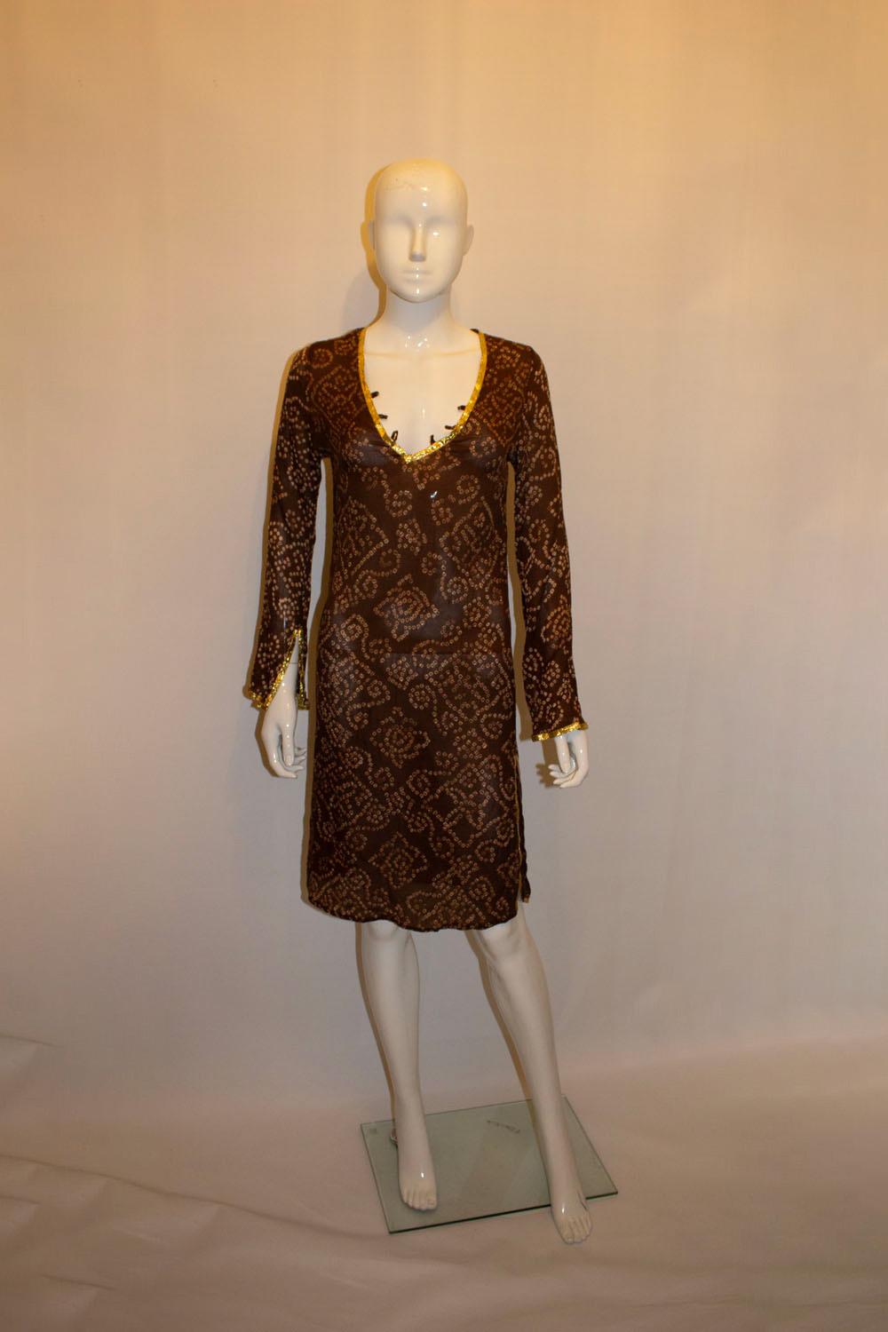 Melissa Obadash Brown and Gold Silk Tunic Top In Good Condition For Sale In London, GB