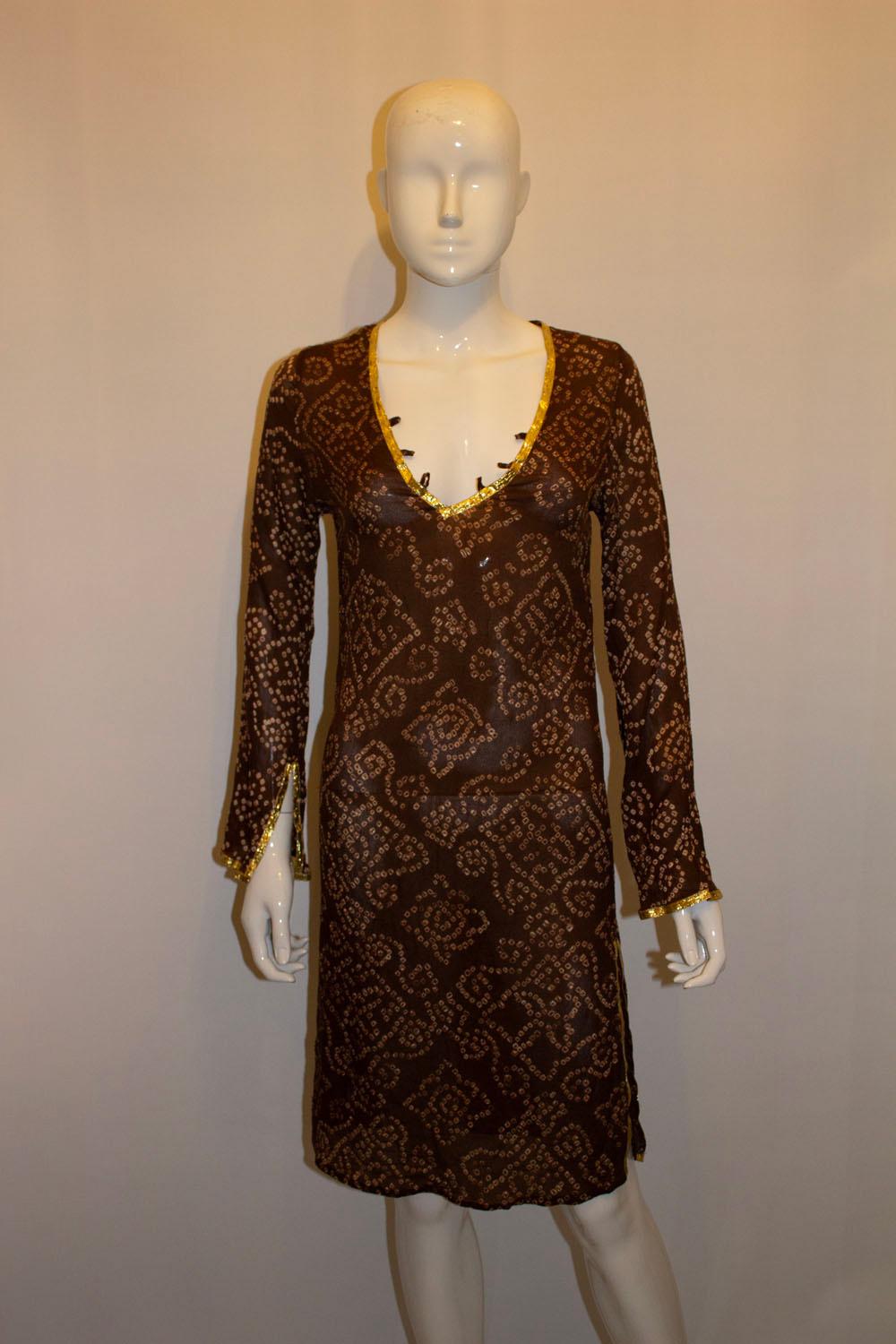 Women's or Men's Melissa Obadash Brown and Gold Silk Tunic Top For Sale