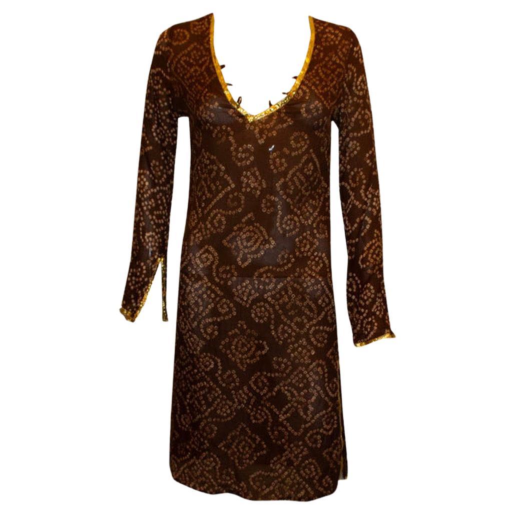 Melissa Obadash Brown and Gold Silk Tunic Top For Sale