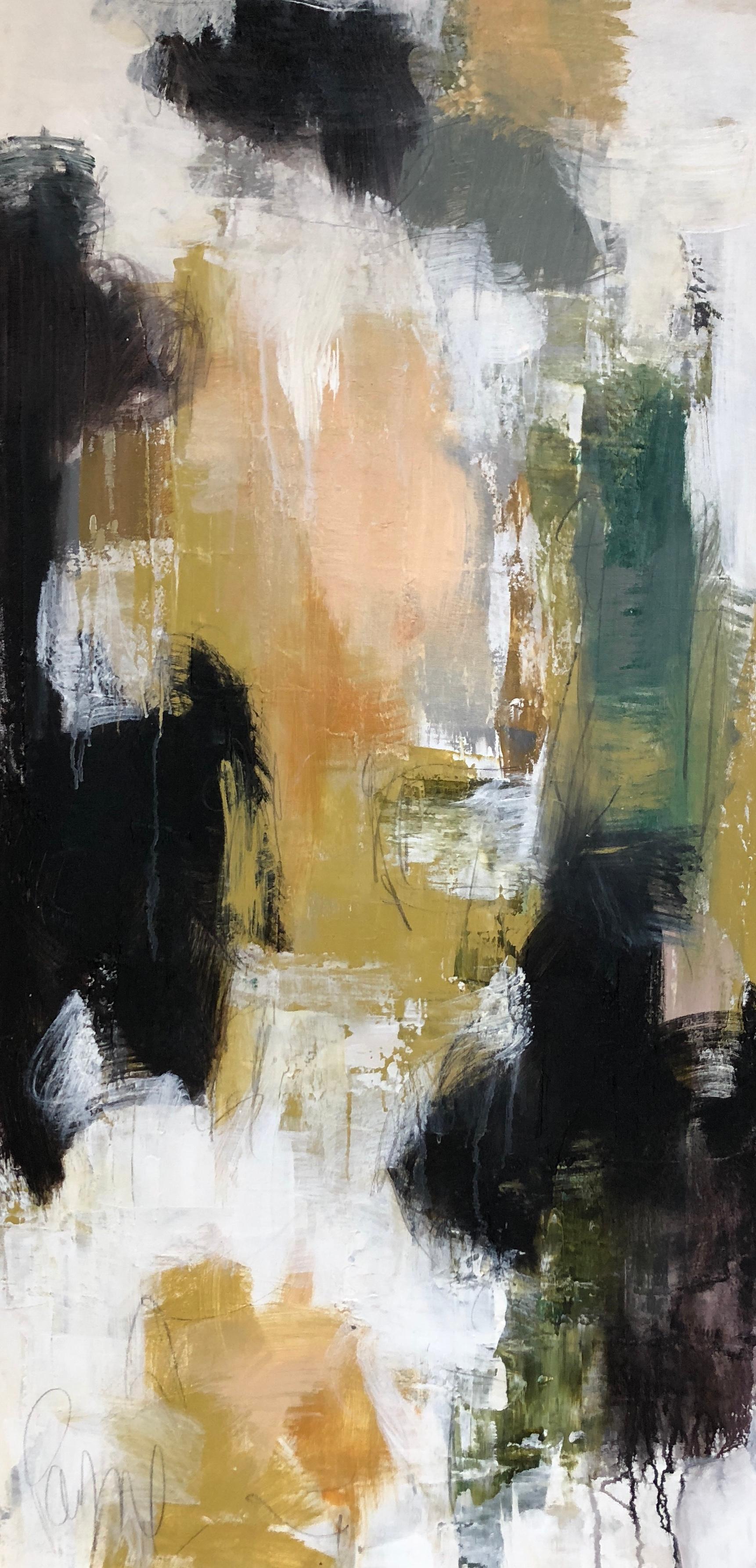 'Allure I' is a large vertical mixed media on canvas abstract painting created by American artist Melissa Payne Baker in 2018. Featuring a rich palette mostly made of golden, black, white, green and grey tones accented with bold marks, the painting