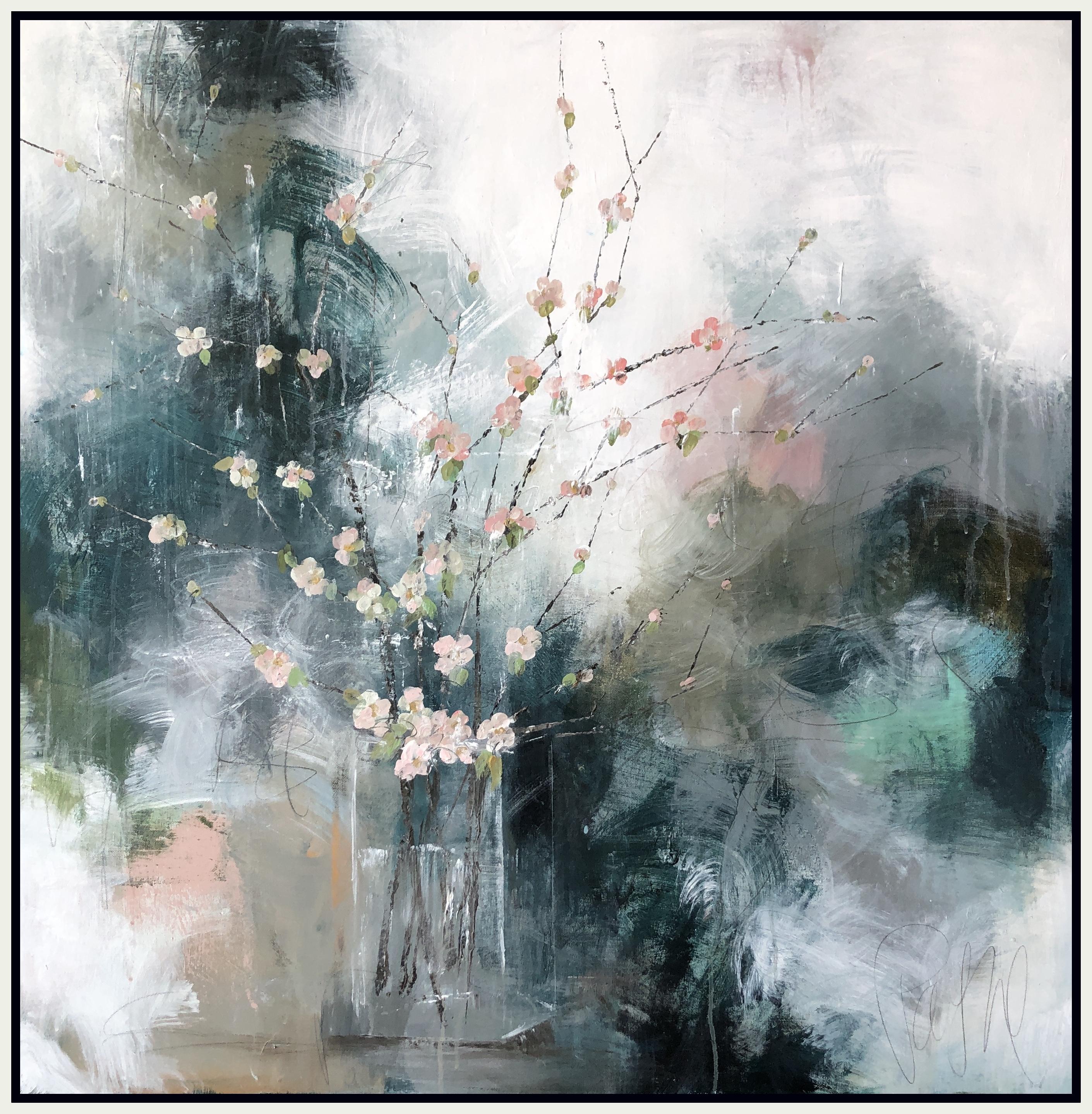 'Blushing' is a large contemporary mixed media on canvas floral painting of square format created by American artist Melissa Payne Baker in 2019. Featuring a delicate arrangement of pink blossoms displayed inside a glass vessel, the painting touches
