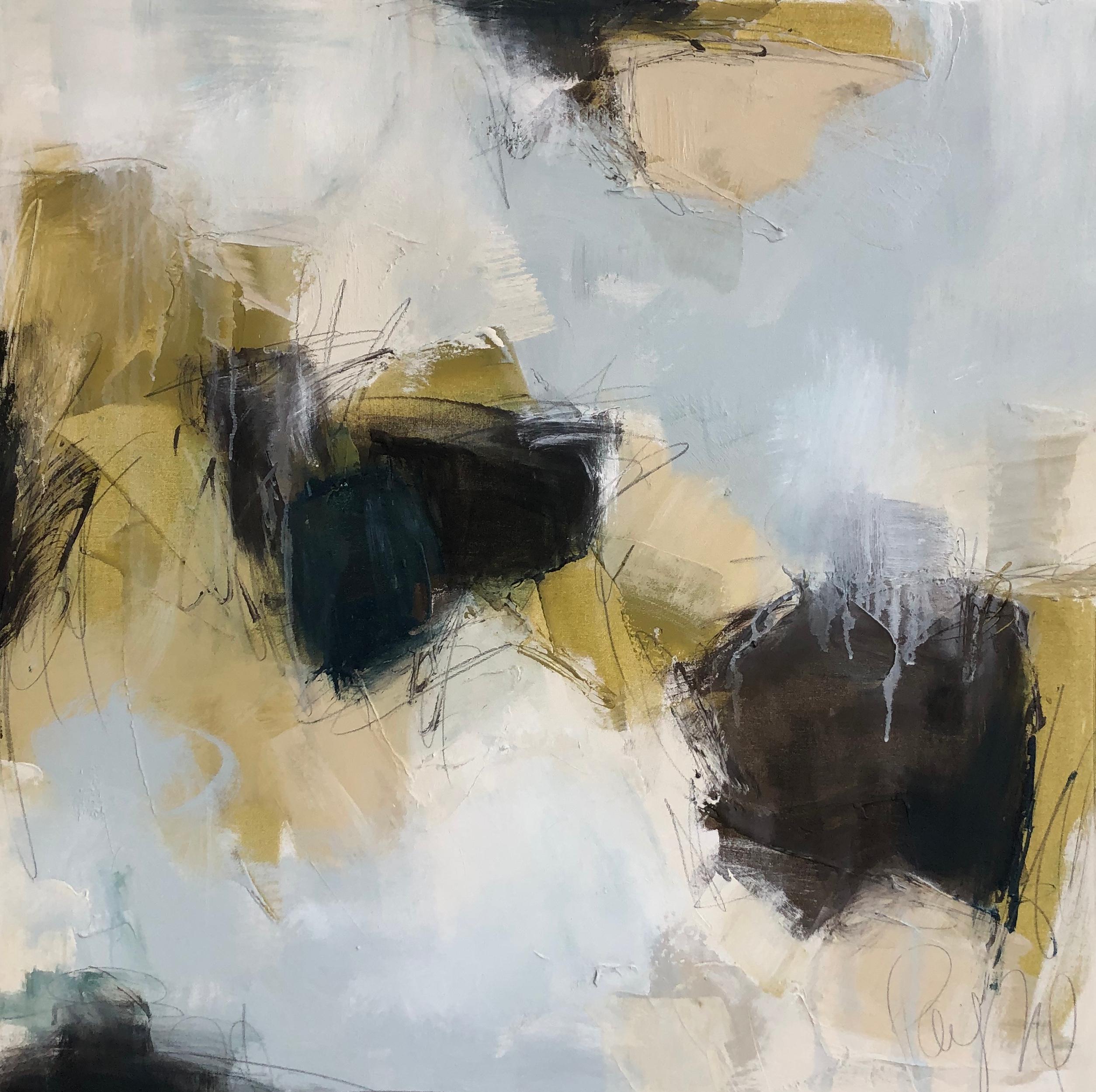 Connect is a medium size mixed media on canvas abstract painting of square format, created by American artist Melissa Payne Baker in 2020. Featuring a soft palette mostly made of green, blue and grey playing beautifully with the white negative