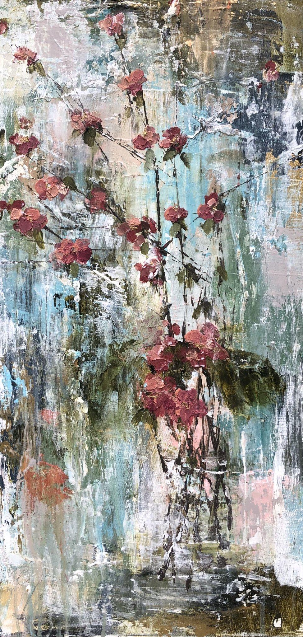 'Fuchsia Quince' is a medium size mixed media on canvas abstract floral painting of vertical format, created by American artist Melissa Payne Baker in 2020. Featuring a soft palette mostly made of blue, green, pink, and grey playing beautifully with