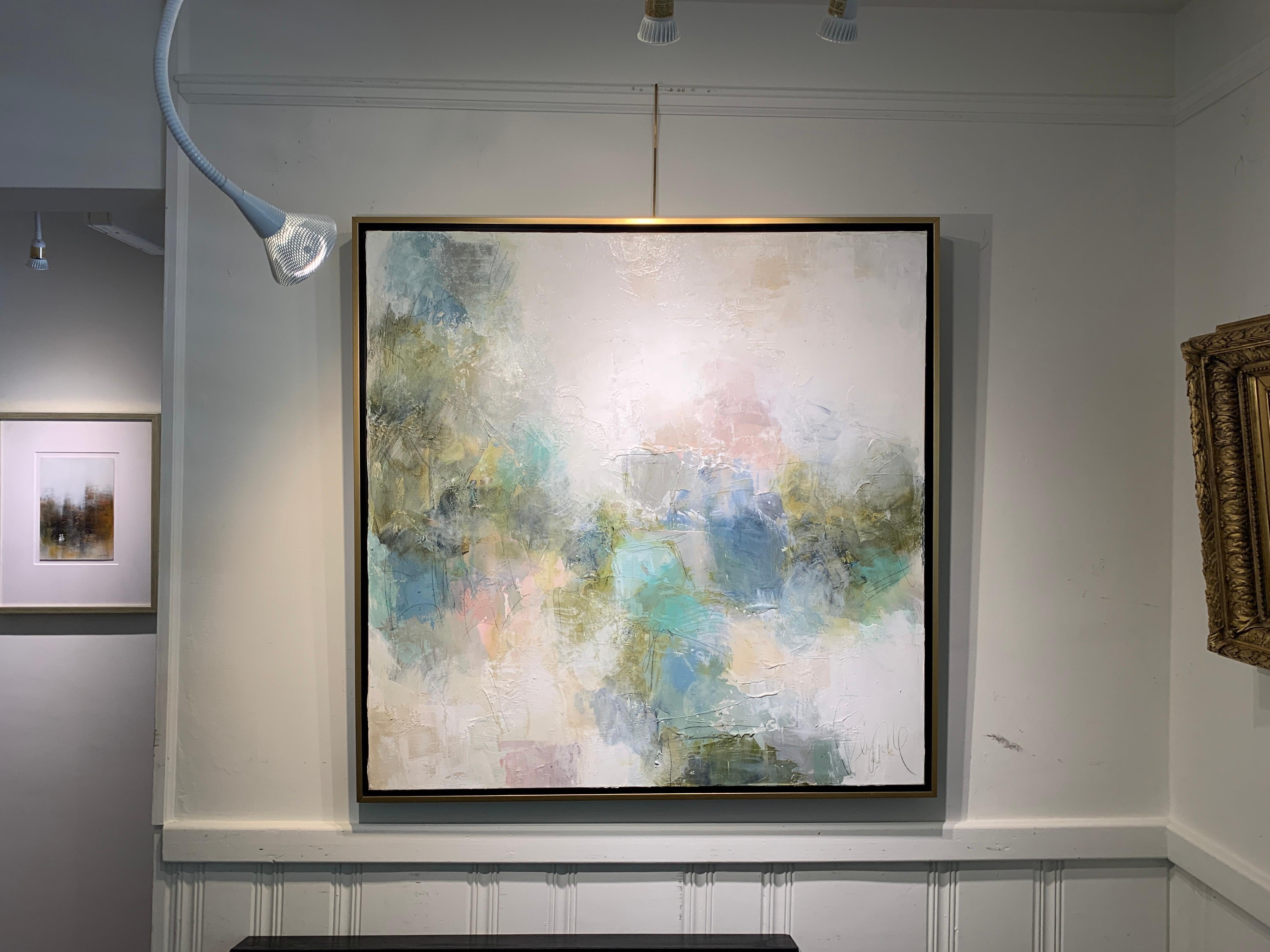 Heartbeat is a large size mixed media on canvas abstract painting of square format, created by American artist Melissa Payne Baker in 2020. Featuring a soft palette mostly made of cream, white, green, blue and pink playing beautifully with the white
