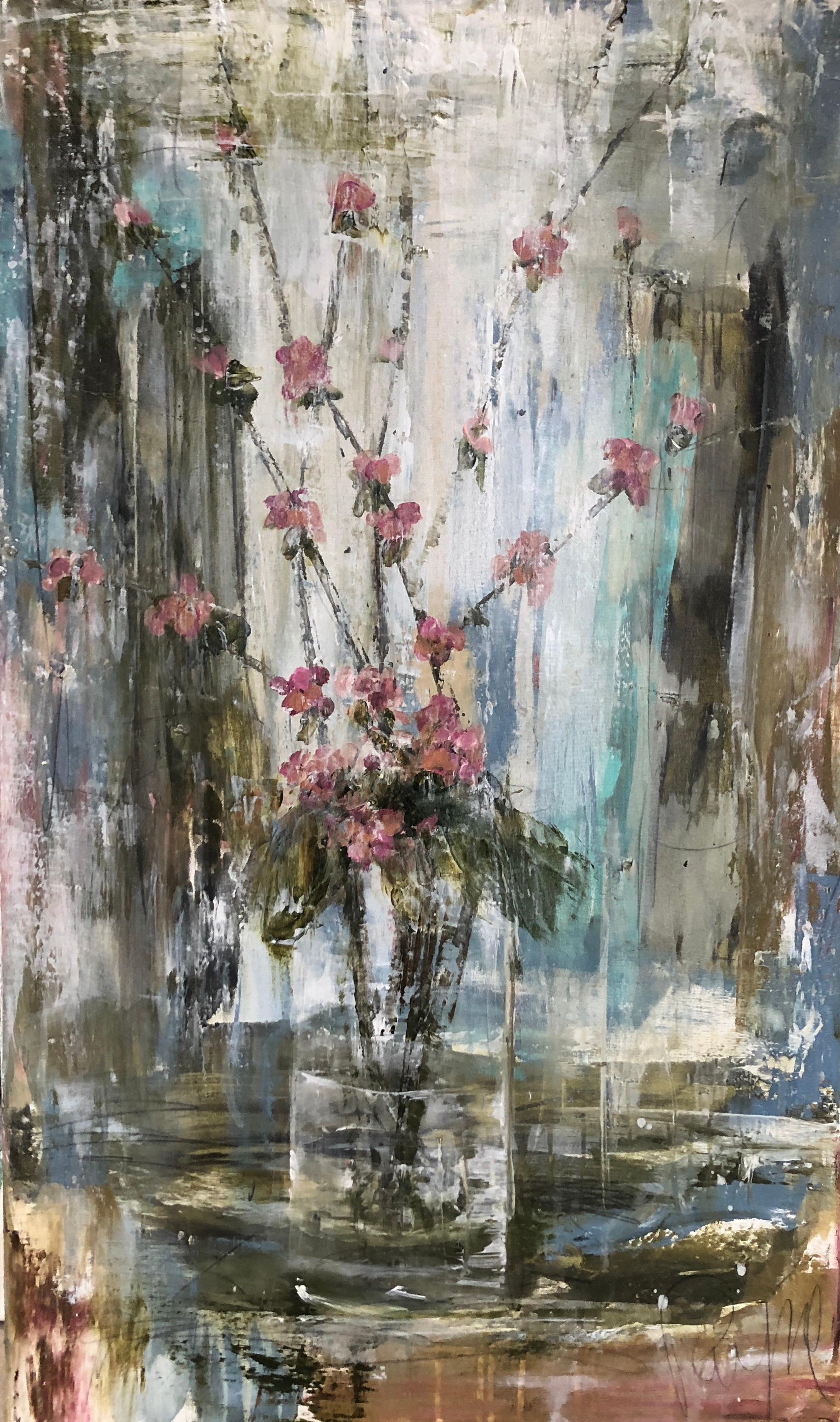 'Hearts Blossom' is a medium size vertical contemporary abstract floral mixed media on canvas painting created by American artist Melissa Payne Baker in 2018. Featuring a delicate arrangement of branches of flower blossoms displayed inside a glass